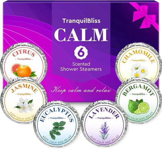 TranquilBliss Shower Steamers, Shower Bombs with Natural Fragrance, Self Care& Relaxation, Christmas Birthday Gifts for Women and Mom, Stocking Stuffers, Individually Packaged, Purple Set 6Pack