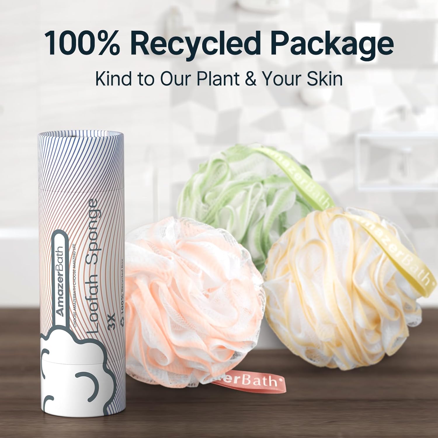 AmazerBath Loofah Sponge, Shower Loofah for Men and Women - Body Scrubber Loofa Set of 3 Classic Black & White Edge, Bath Sponge 60g/PCS