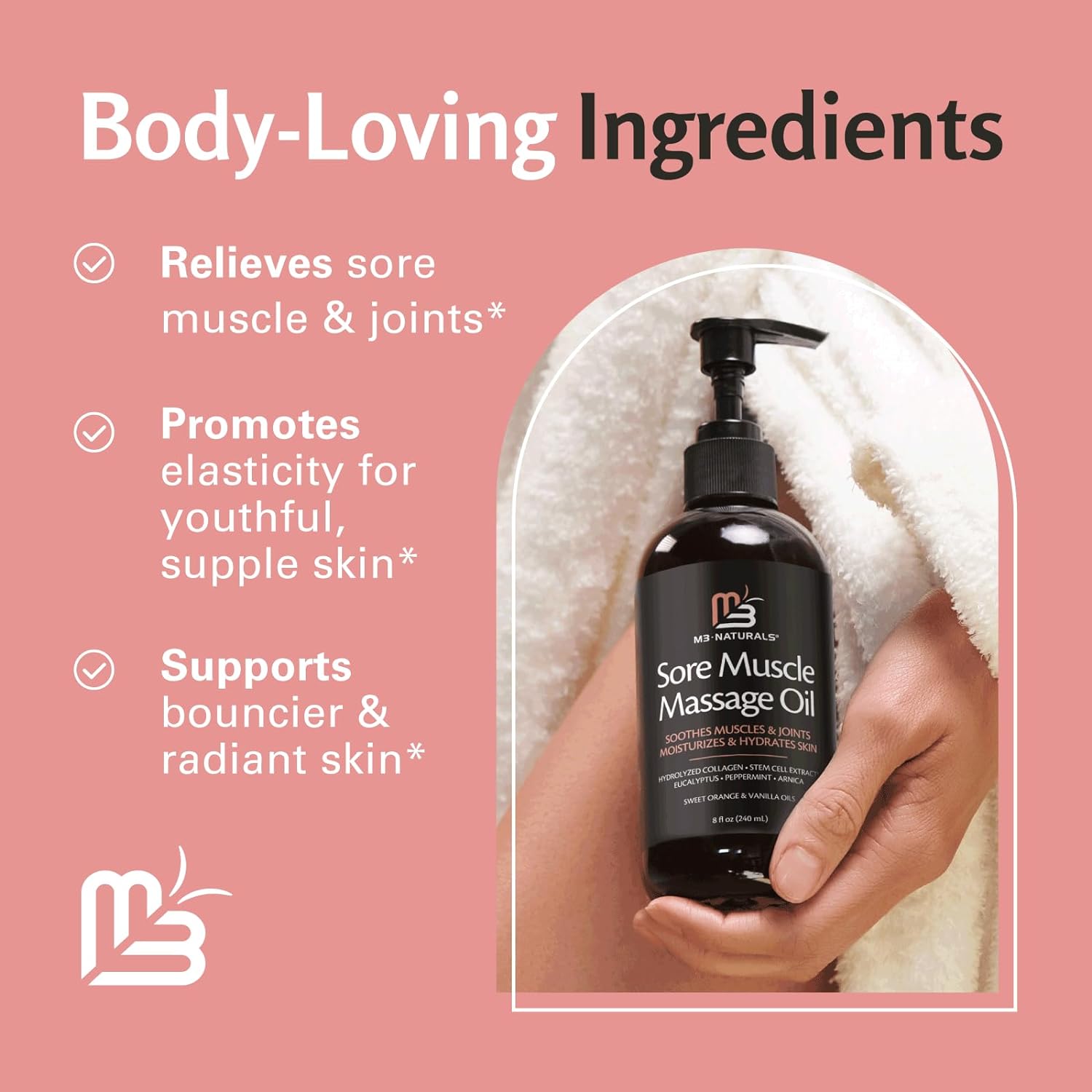 Anti Cellulite Massage Oil and Sore Muscle Body Oil | Massage Oil for Massage Therapy | Collagen and Stem Cell Skin Tightening Cellulite Cream and Massage Lotion for Women 8 Fl Oz by M3 Naturals