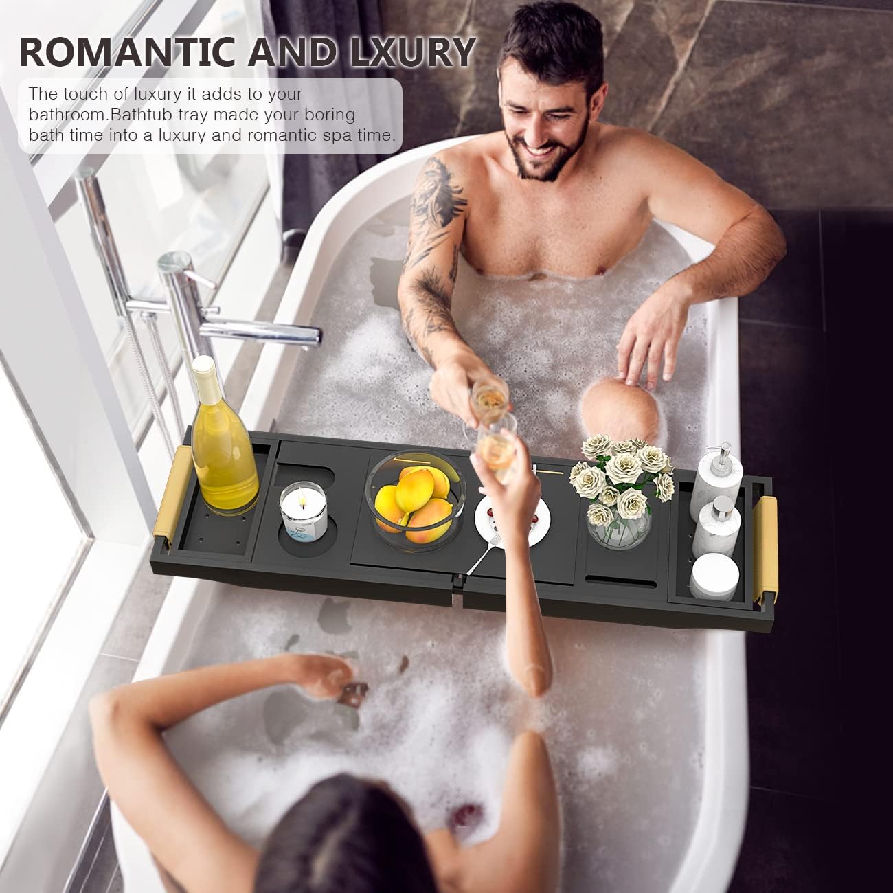 Bathtub Tray Luxury Bathtub Caddy, Expandable Bath Tray with Leather Grip, Adjustable 1 or 2 Person Bath Table Bed Tray with Slots for book Phone holder, Bamboo Bathroom Organizer & Accessories, White