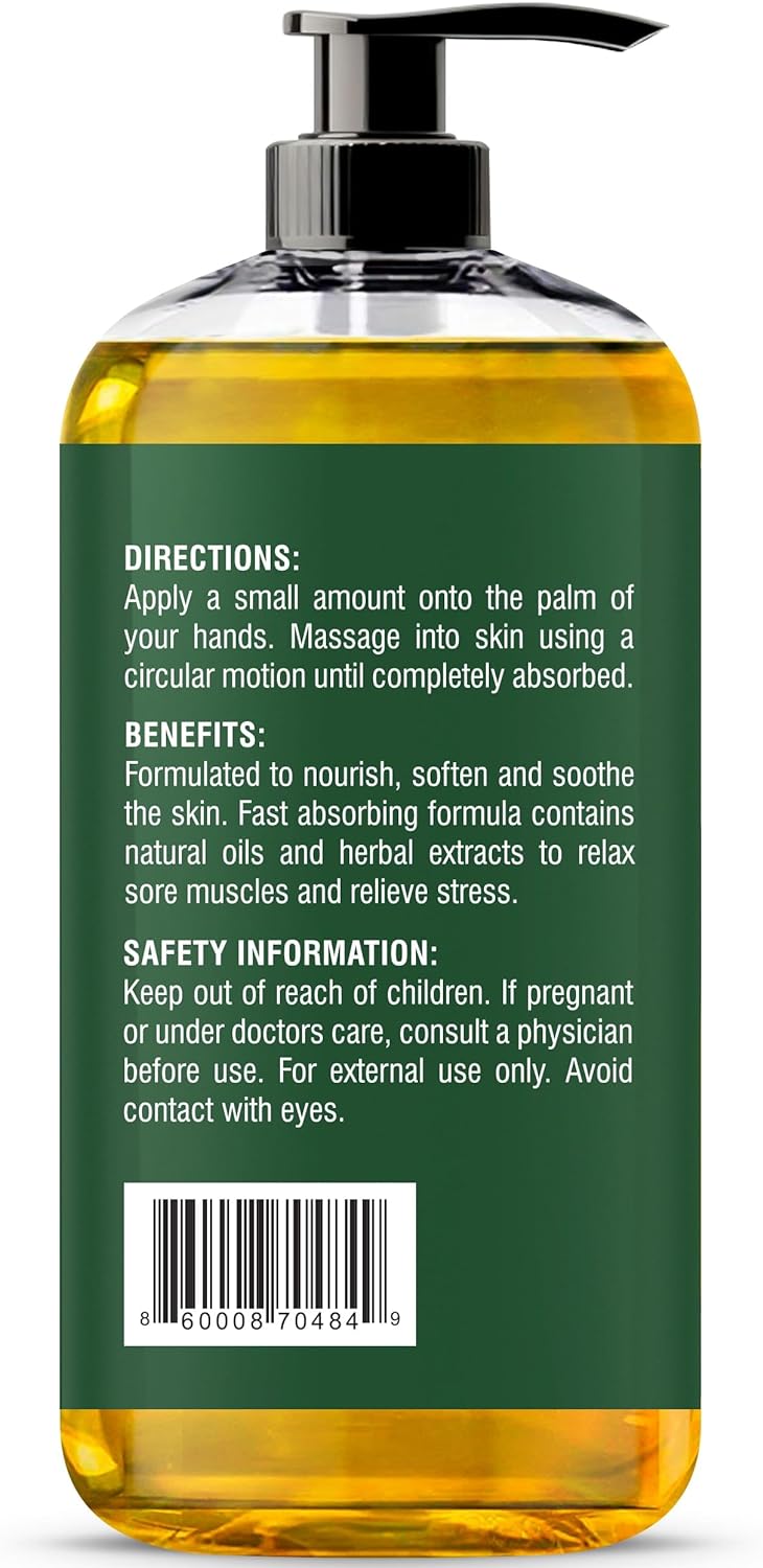 MYSTÉRE BEAUTÉ Sore Muscle Massage Oil for Massage Therapy with Arnica - Relaxing, Warming, Eases Muscle Soreness & Stiffness - Moisturizes Skin - Premium-Quality - 8 fl oz