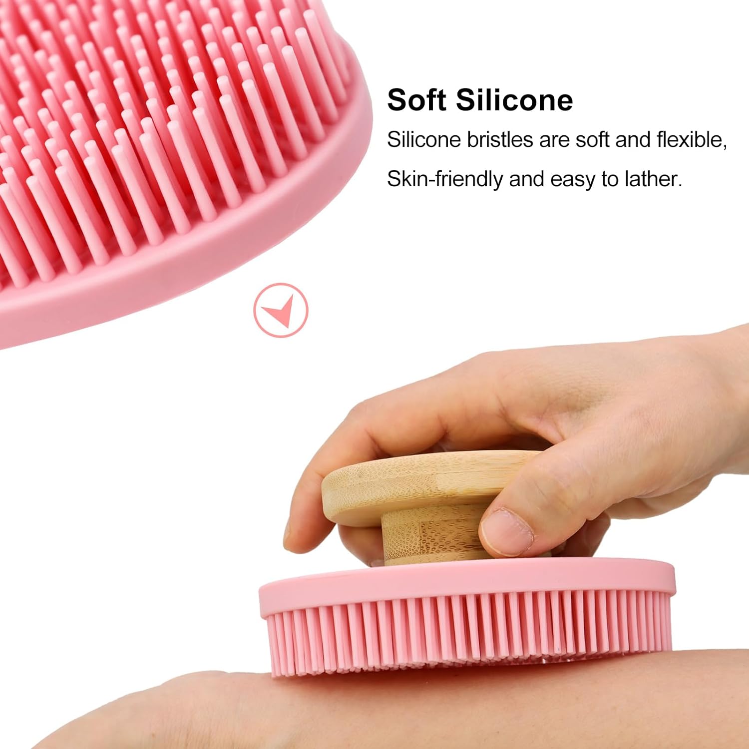 Ozner Food-Grade Soft Silicone Body Scrubber Shower Brush, Cleans and Removes Dead Skin - Foam-Rich Brush, Non-Slip Bamboo Handle Silicone Loofah, Durable and Easy to Clean, 1pc (Pink)