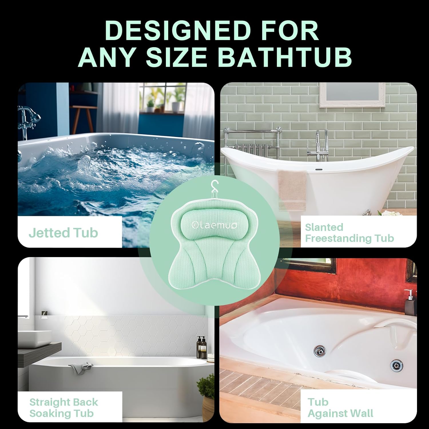 Olaemuo Bath Pillow Ergonomic Bathtub Pillow, Bath Bathtub Pillows for Tub for Head and Neck Mesh Bath Tub Pillow Headrest Luxury Bath Tub Shower Pillow for Bubble Bath with 6 Suction Cups-Light Green