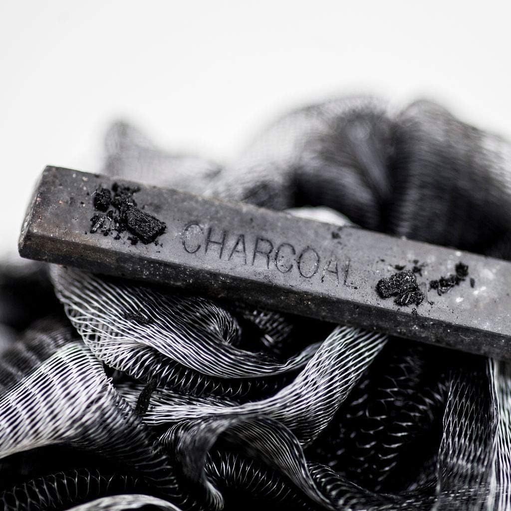 Toem Loofah Back Scrubber for Shower | Bamboo Charcoal Fiber Infused | Loufas for Men & Women | Includes 1 Long Handled Shower Sponge, 1 Bath & Shower Luffa Pouf & 1 Hook to Hang Stuff (Slate Grey)