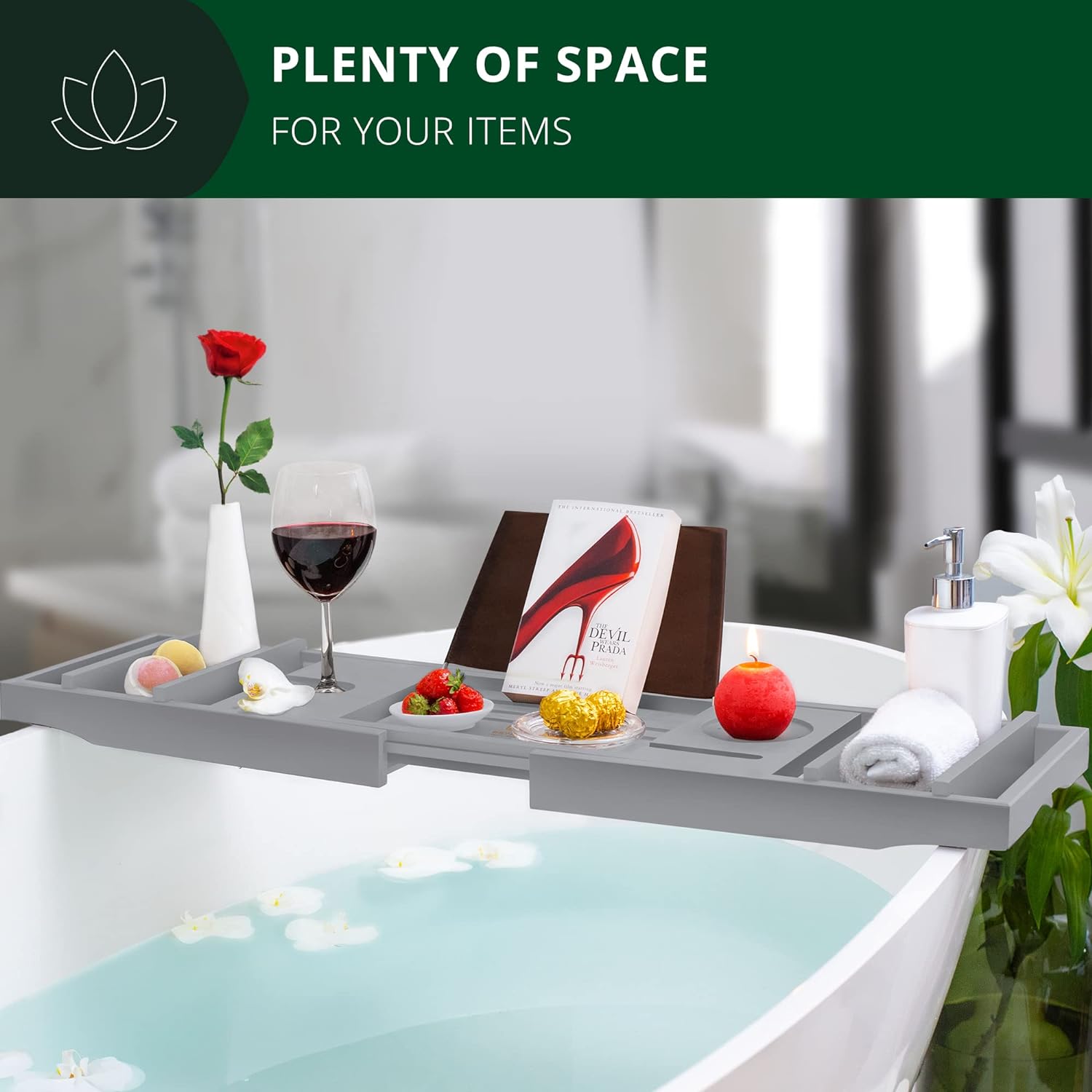 ROYAL CRAFT WOOD Foldable Bathtub Tray Caddy Bamboo Bathtub Tray Expandable, Bath Tub Table Caddy with Extending Sides - Free Soap Dish