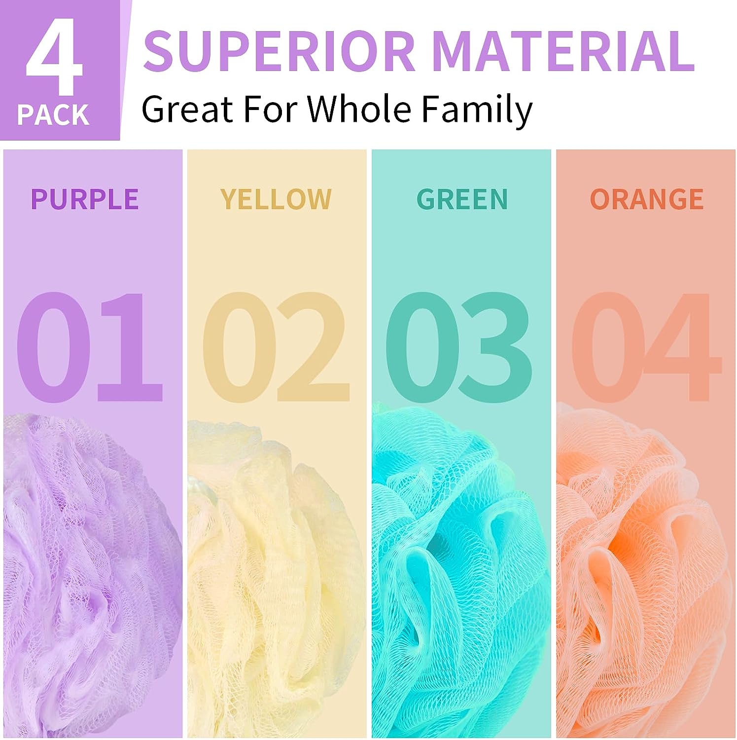 FARMOGA Bath Loofah Sponge Back Scrubber Shower Sponge Soft Mesh Exfoliator Pouf Shower Ball Bath Sponges for Women and Men Bath Accessories (4Pcs 50g Multi Colour)