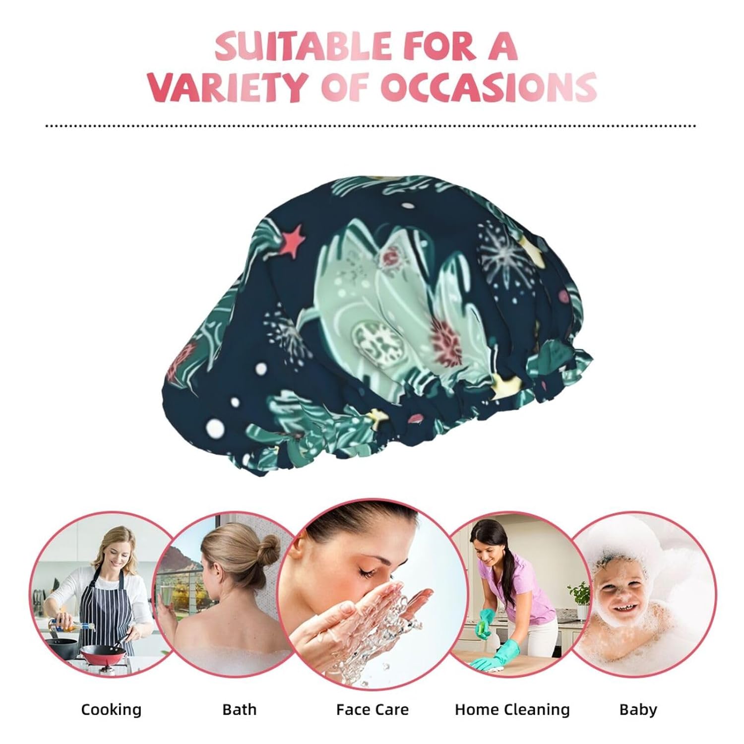 Double Layer Waterproof Shower Cap for Women - Lightweight, Portable, and Reusable Bath Accessory for Long Hair Xmas Tree Ball Stars