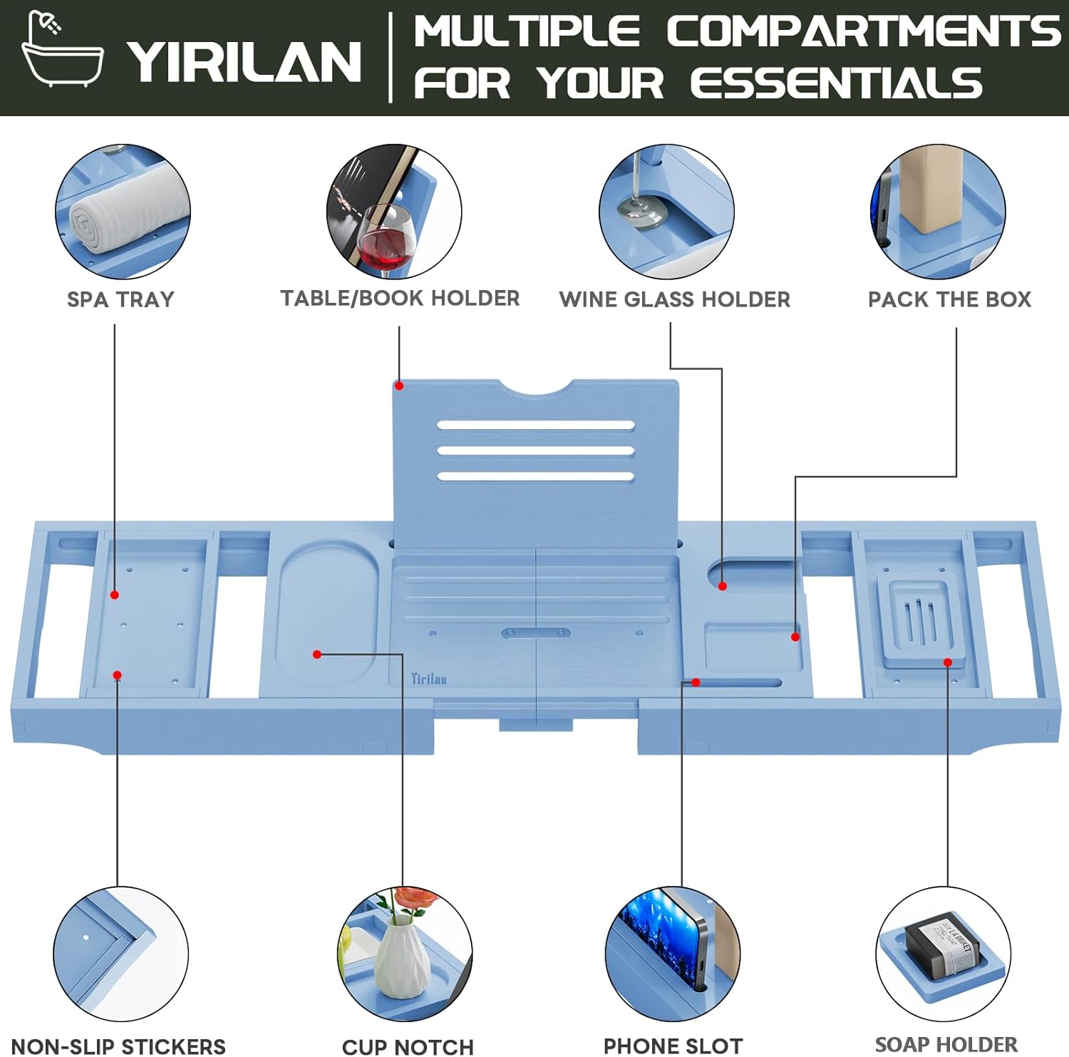 Yirilan Premium Bathtub Tray Caddy - Expandable Bath Tray - Unique House Warming Gifts, New Home, Anniversary & Wedding Gifts for Couple, Bridal Shower Gift for Women