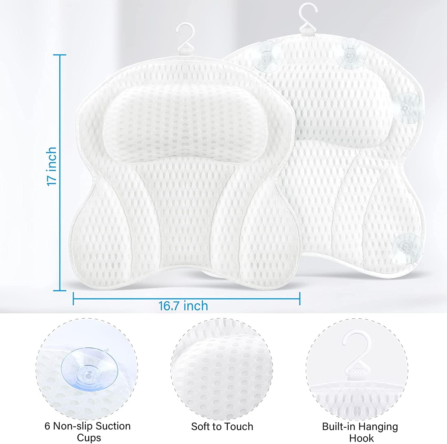SwiftComfort Luxury Bath Pillow, Ergonomic Bathtub Spa Pillow with 4D Air Mesh Technology and 6 Suction Cups, Helps Support Head, Back, Shoulder Neck, Fits All Bathtub, Hot Tub Home, White