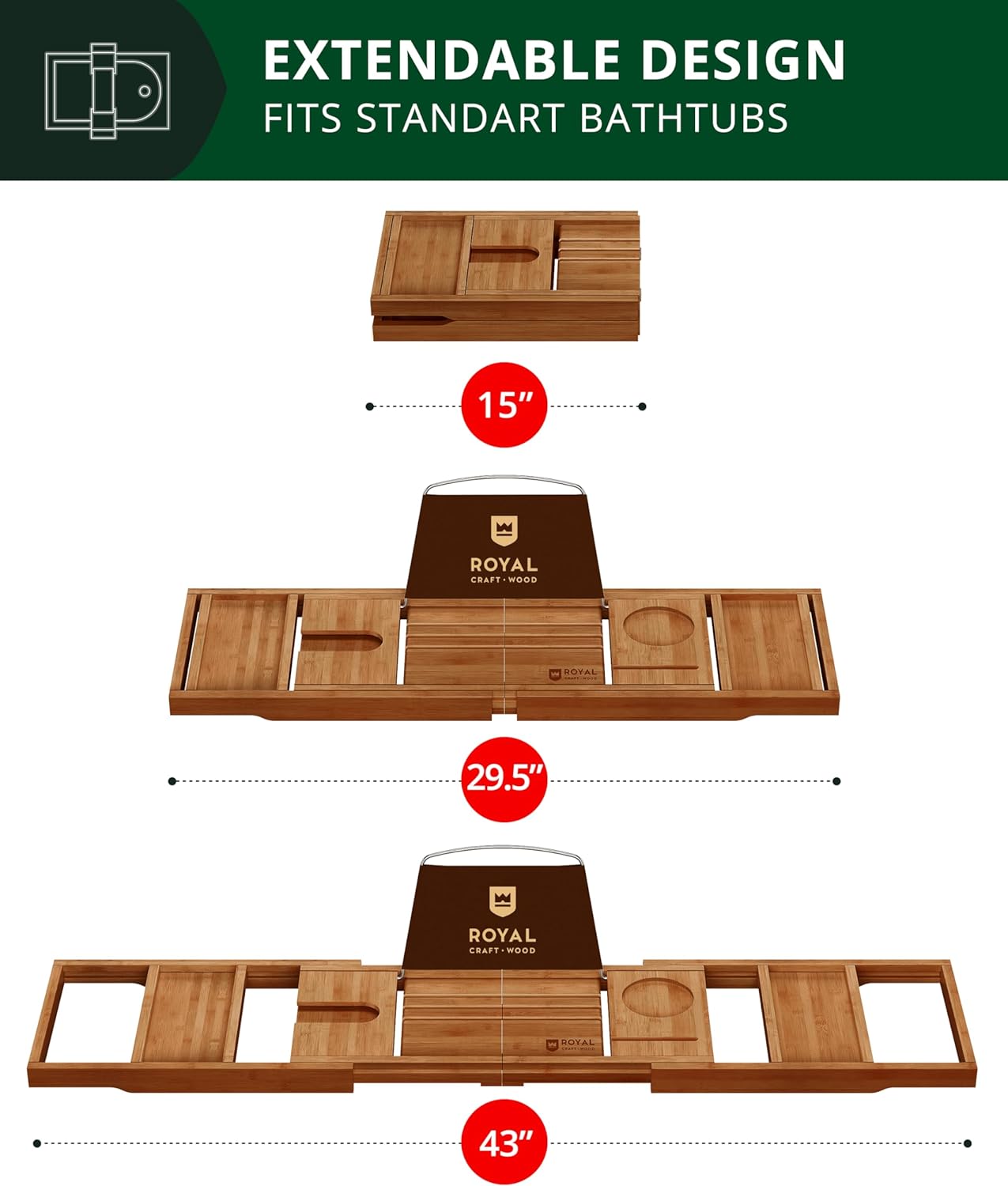 ROYAL CRAFT WOOD Foldable Bathtub Tray Caddy Bamboo Bathtub Tray Expandable, Bath Tub Table Caddy with Extending Sides - Free Soap Dish