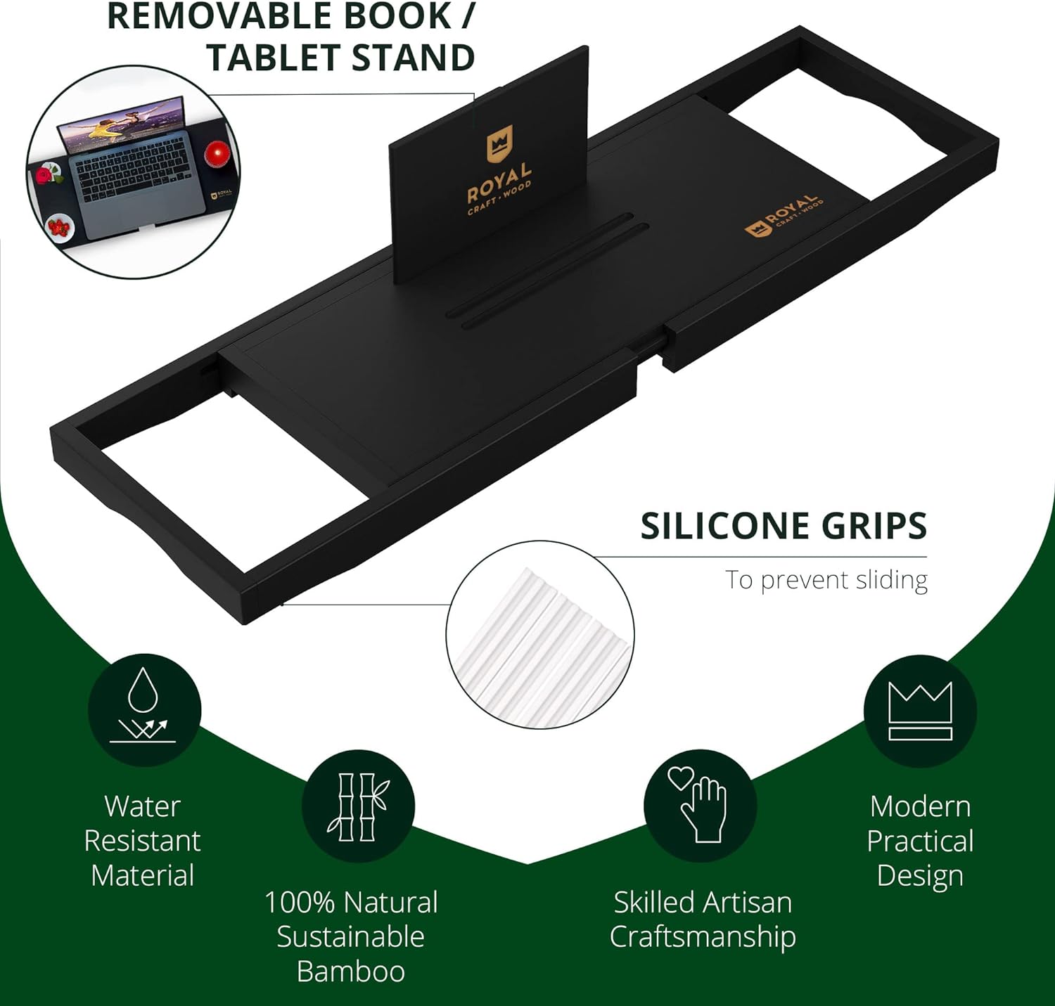 ROYAL CRAFT WOOD Foldable Bathtub Tray Caddy Bamboo Bathtub Tray Expandable, Bath Tub Table Caddy with Extending Sides - Free Soap Dish
