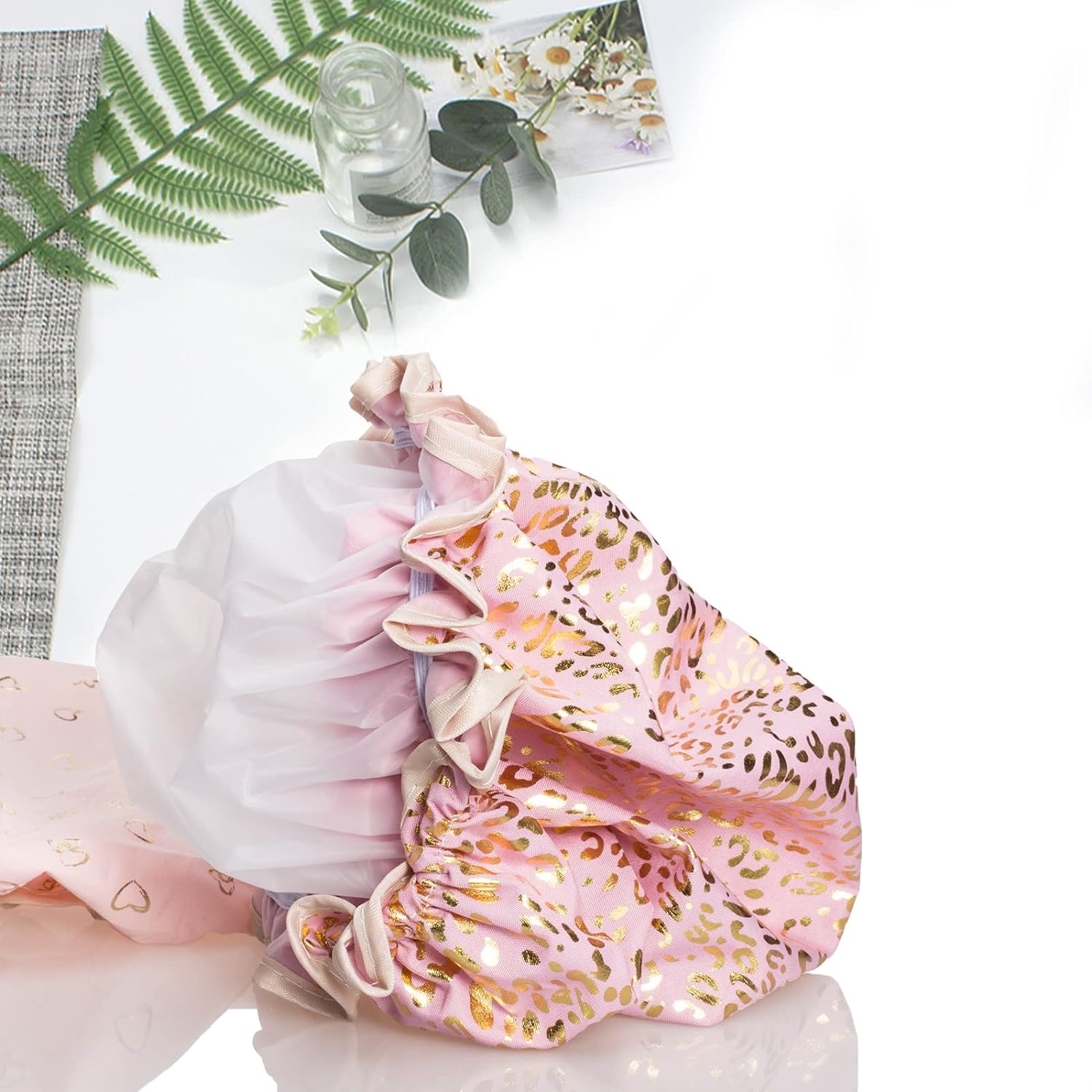 Qeuly 2 Pack Waterproof Shower Cap, Reusable Shower Cap for Women, Elastic Bathing Shower Hat Double Layers Bathing Hair Cap PEVA Lined Shower Hair Bath Cap (Pink)