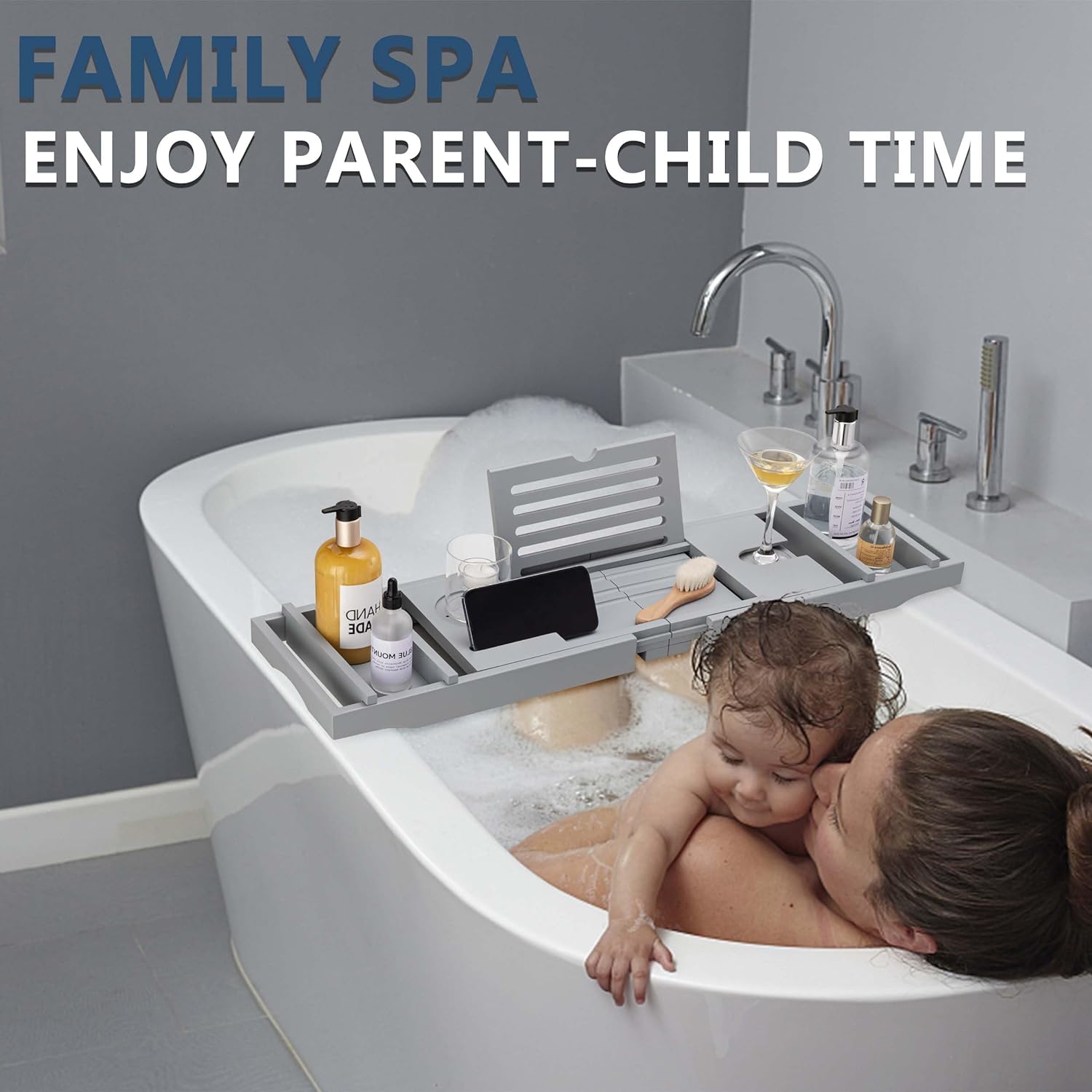 HBlife Bathtub Caddy Tray Foldable Bamboo Bath Table Tray with Book and Wine Glass Holder, Expandable Bathroom Accessories