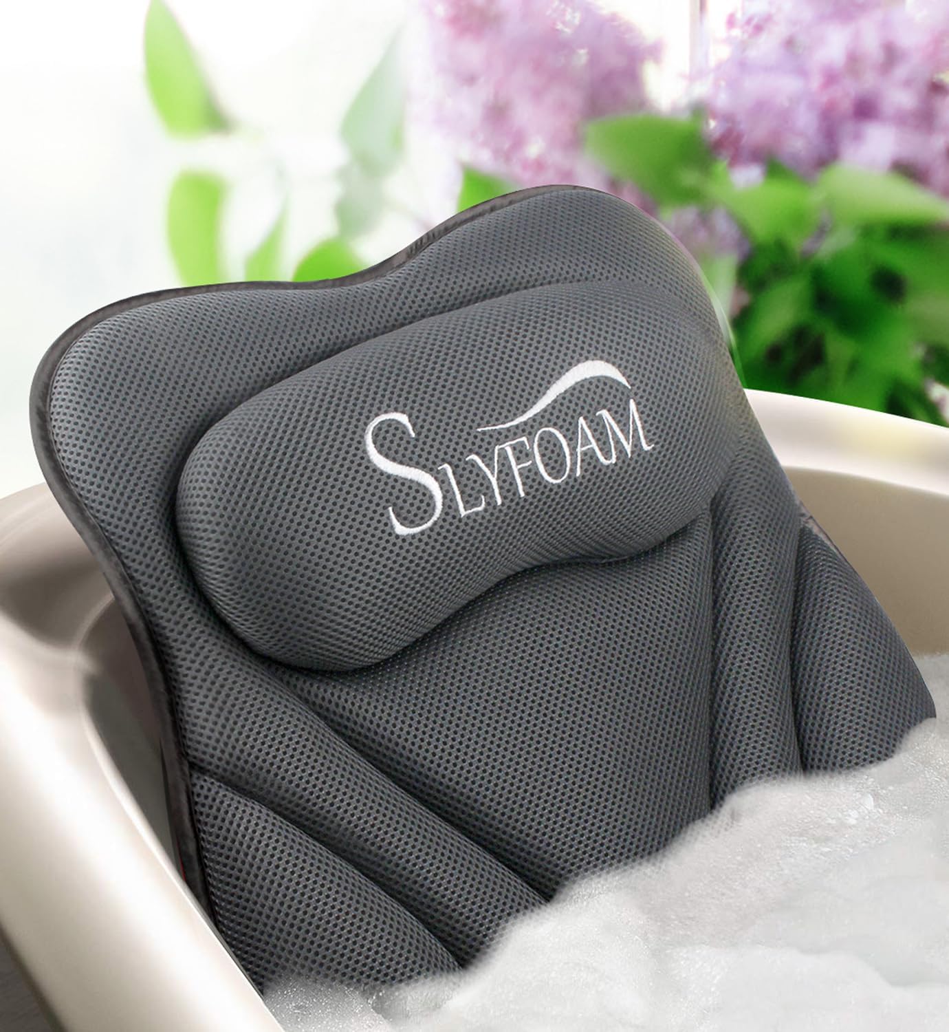 Bath Pillow for Tub Neck and Back Support Bathtub Pillow Essential Bath Accessory for Soaking, Jacuzzi or Spa Bathtub, Luxury Soft 4D Bath Tub Pillow with Strong Suction Cups for Body Relaxing - Grey