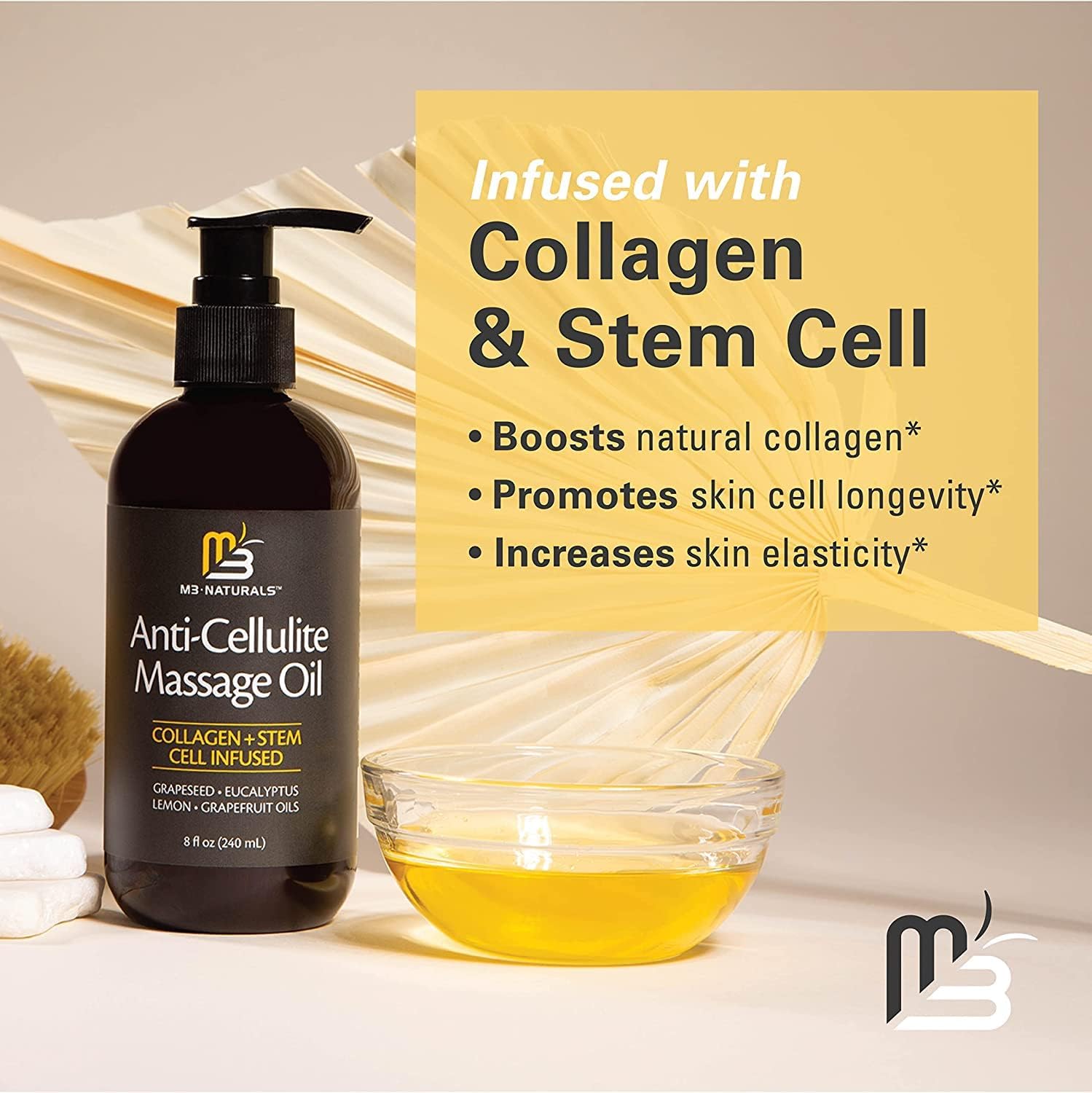 Anti Cellulite Massage Oil and Sore Muscle Body Oil | Massage Oil for Massage Therapy | Collagen and Stem Cell Skin Tightening Cellulite Cream and Massage Lotion for Women 8 Fl Oz by M3 Naturals