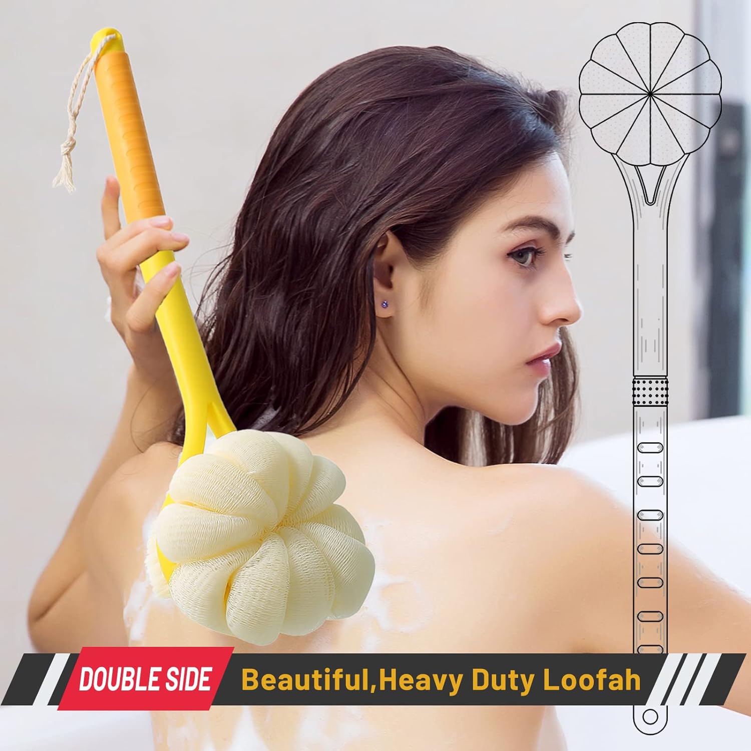 Shower Body Brush,Soft Bristles and Beautiful Pumpkin Loofah 14” Long Handle Back Scrubber Bath Mesh Sponge for Skin Exfoliating Bath,Massage Bristles Suitable for Wet or Dry,Men and Women (Grey)