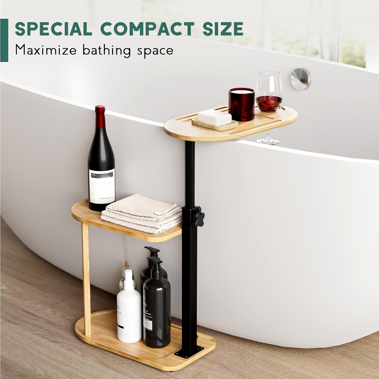 Yumkfoi 3 Layer Bath Tub Tray Table, Freestanding Bamboo Bath Tray Caddy for Tub Against Wall, Bath Table Tray Tub Shelf Bathroom Organizer Shelf for Luxury Spa, Gift for House Warming New Home