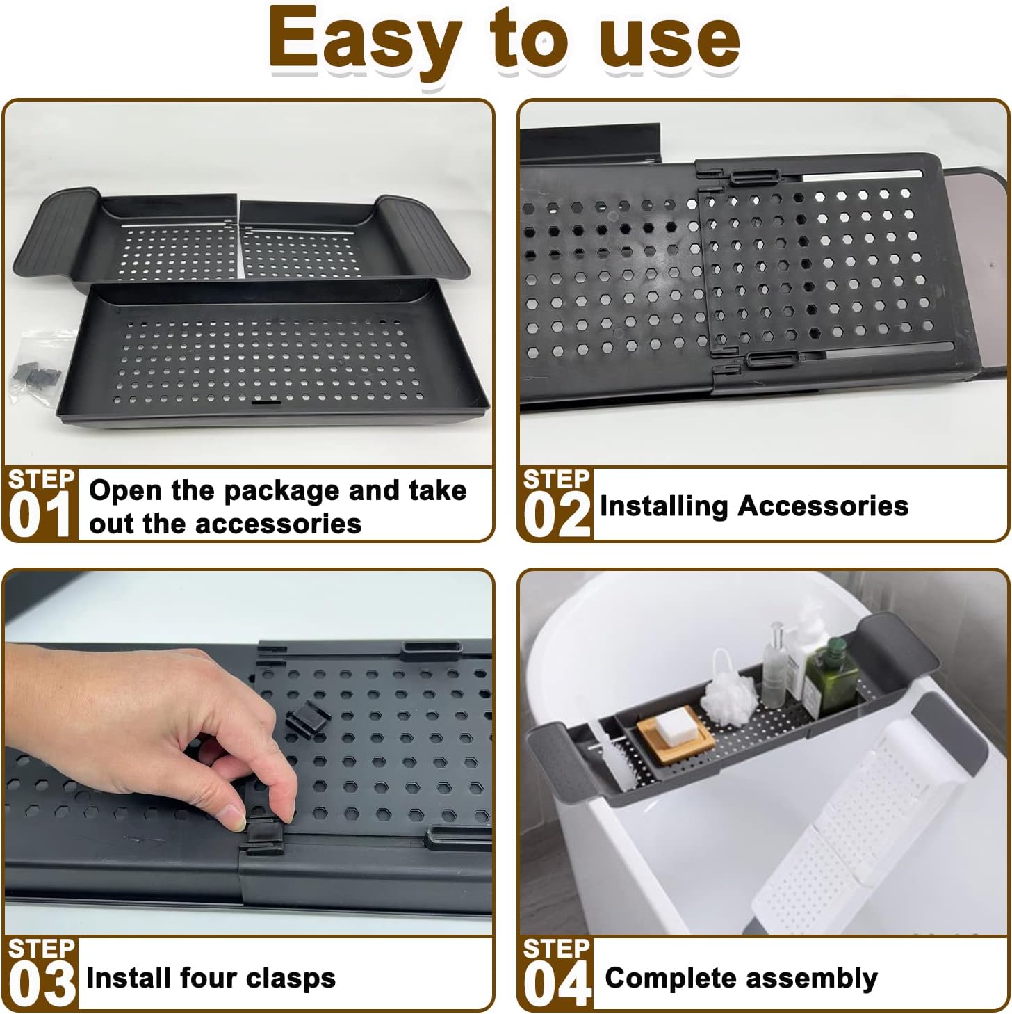 Expandable Drain Bath Shelf Caddy Tray, Multifunctional Plastic Bathtub Tray Bathroom Organizer Simple Stylish Bathtub Storage Rack for Candle Towel, Book, Wine, Phone, Shower (Grey - 1pcs)