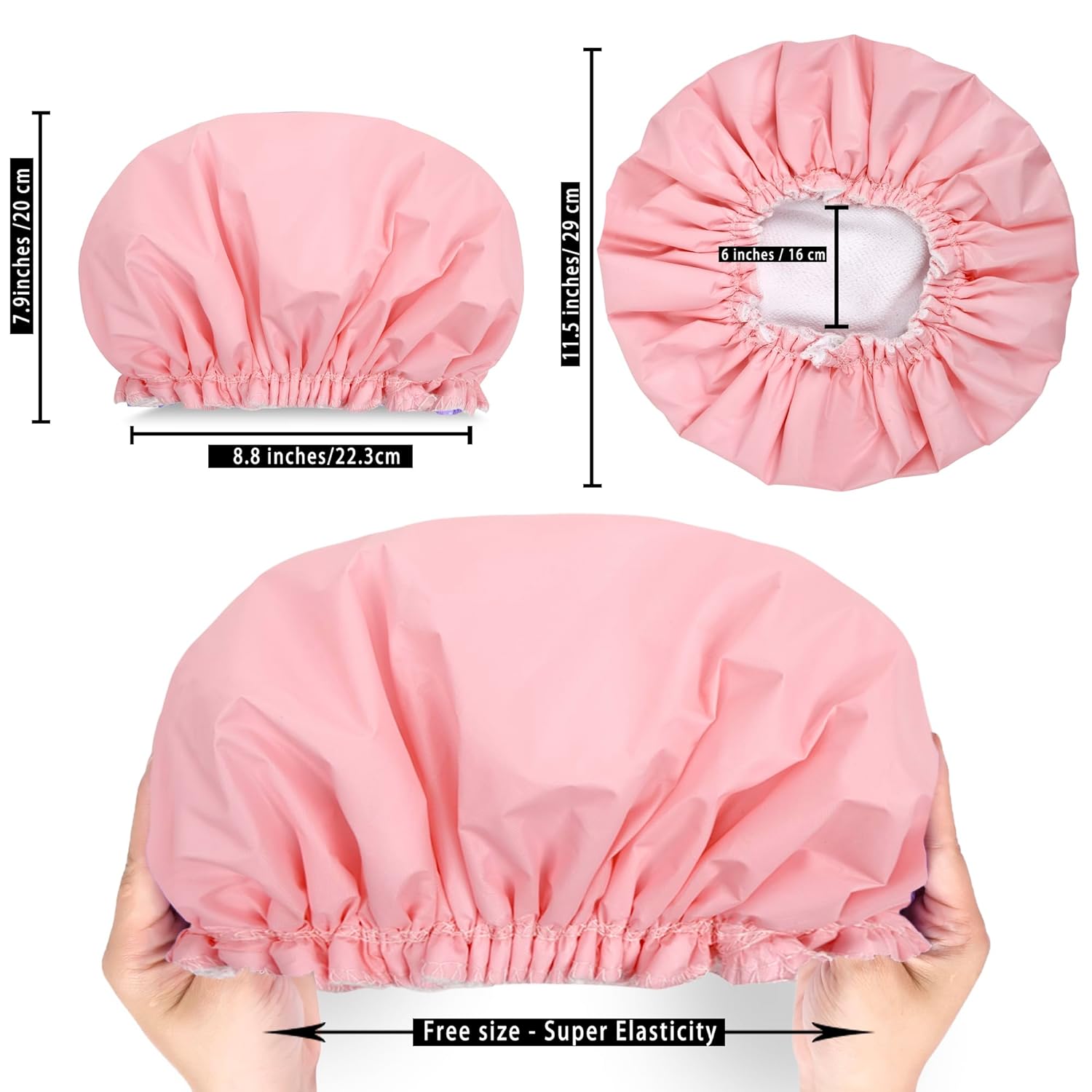 Shower Caps for Women, Terry Cloth Lined EVA Exterior Elastic and Reusable Bath Caps, Double Waterproof Layers Shower Cap, Bathing Shower Caps, Environmental Protection Bath Hair Cap - Pink