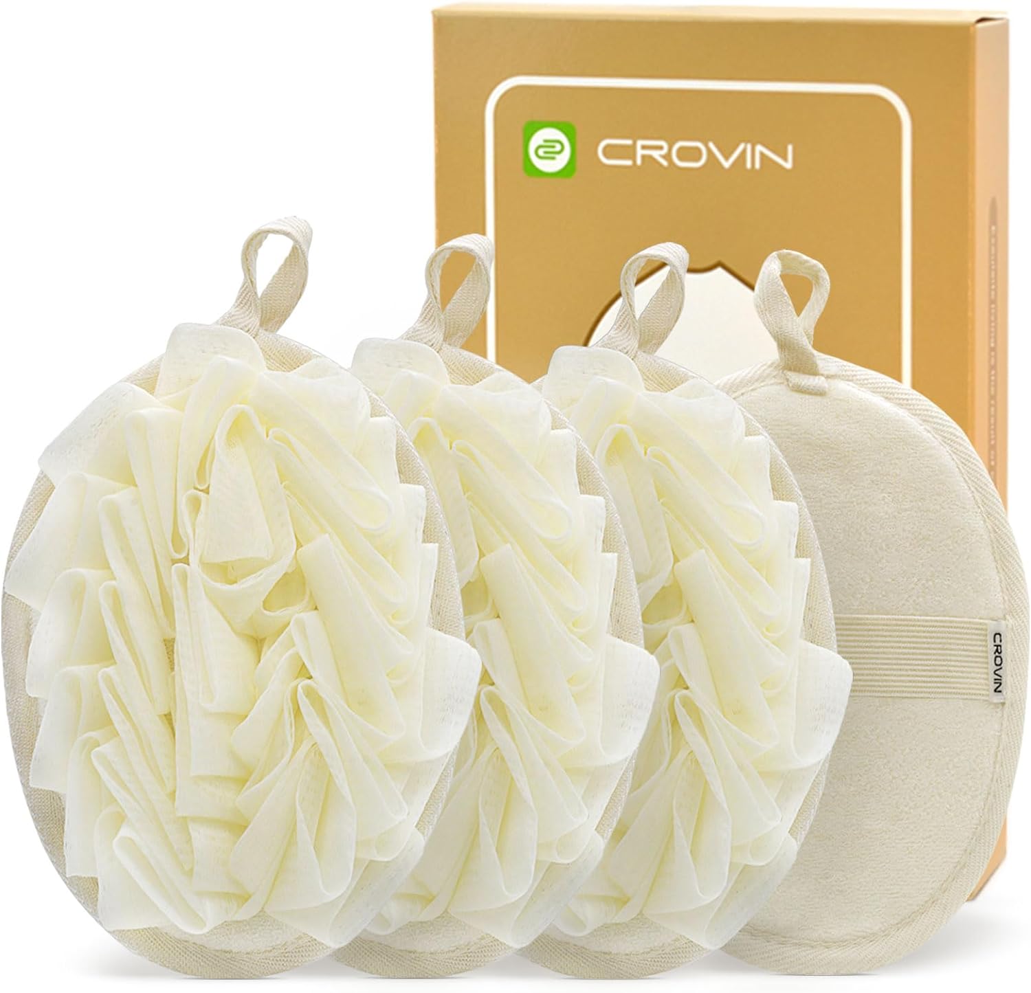 CROVIN Shower Puff 4 Pack Bath Sponge Shower Loofahs Pouf Large 7x5 Premium Exfoliating Mesh Puffs for Men and Women-Elastic Hand Strap Body Brush to Soothe, Cleanse Your Skin