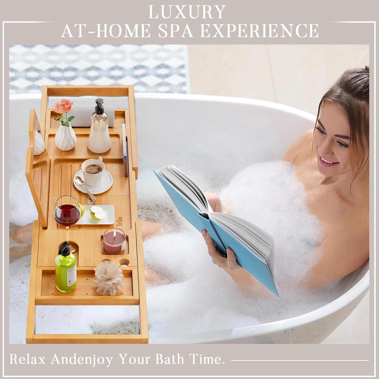 Yirilan Premium Bathtub Tray Caddy - Expandable Bath Tray - Unique House Warming Gifts, New Home, Anniversary & Wedding Gifts for Couple, Bridal Shower Gift for Women
