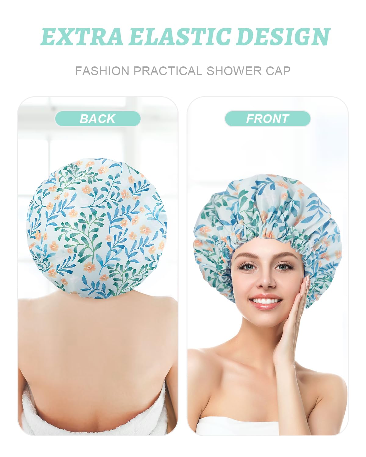 Aquior Shower Caps, Double Layer Waterproof Shower Cap for Women, Reusable Large Shower Cap for all Hair Lengths with EVA Lining, Soft Bath Shower Caps