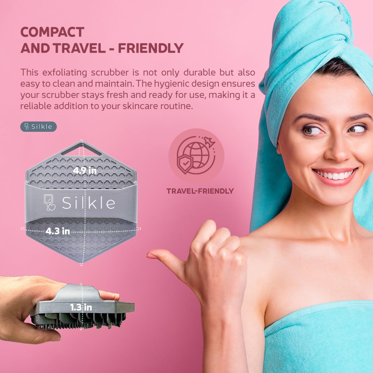 SILKLE Silicone Body Scrubber - Exfoliating Bath Brush and Skin Cleanser - Shower Sponge for Gentle Body Scrub and Wash - Silicone Scrubbing Care Tool for a Refreshed and Renewed You - Pink