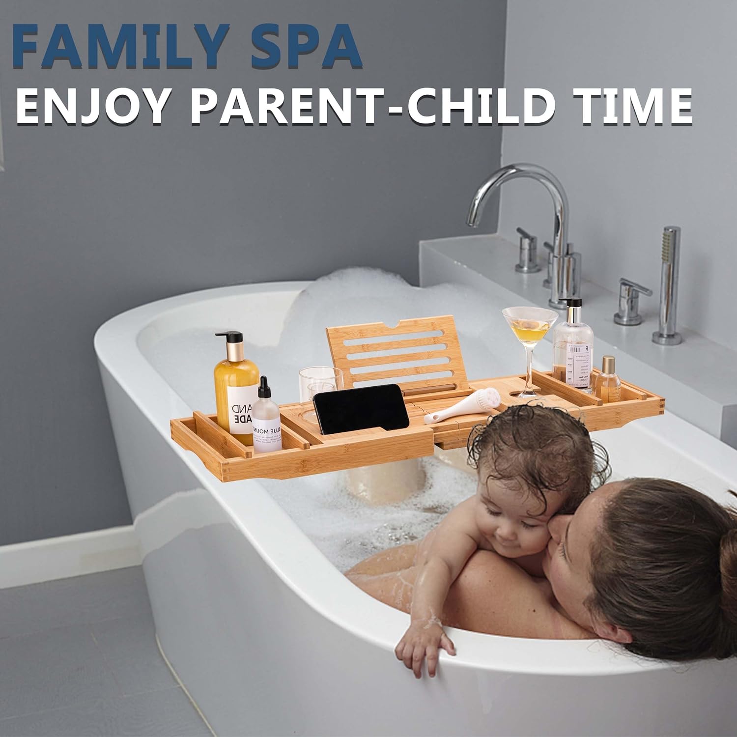 HBlife Bathtub Caddy Tray Foldable Bamboo Bath Table Tray with Book and Wine Glass Holder, Expandable Bathroom Accessories