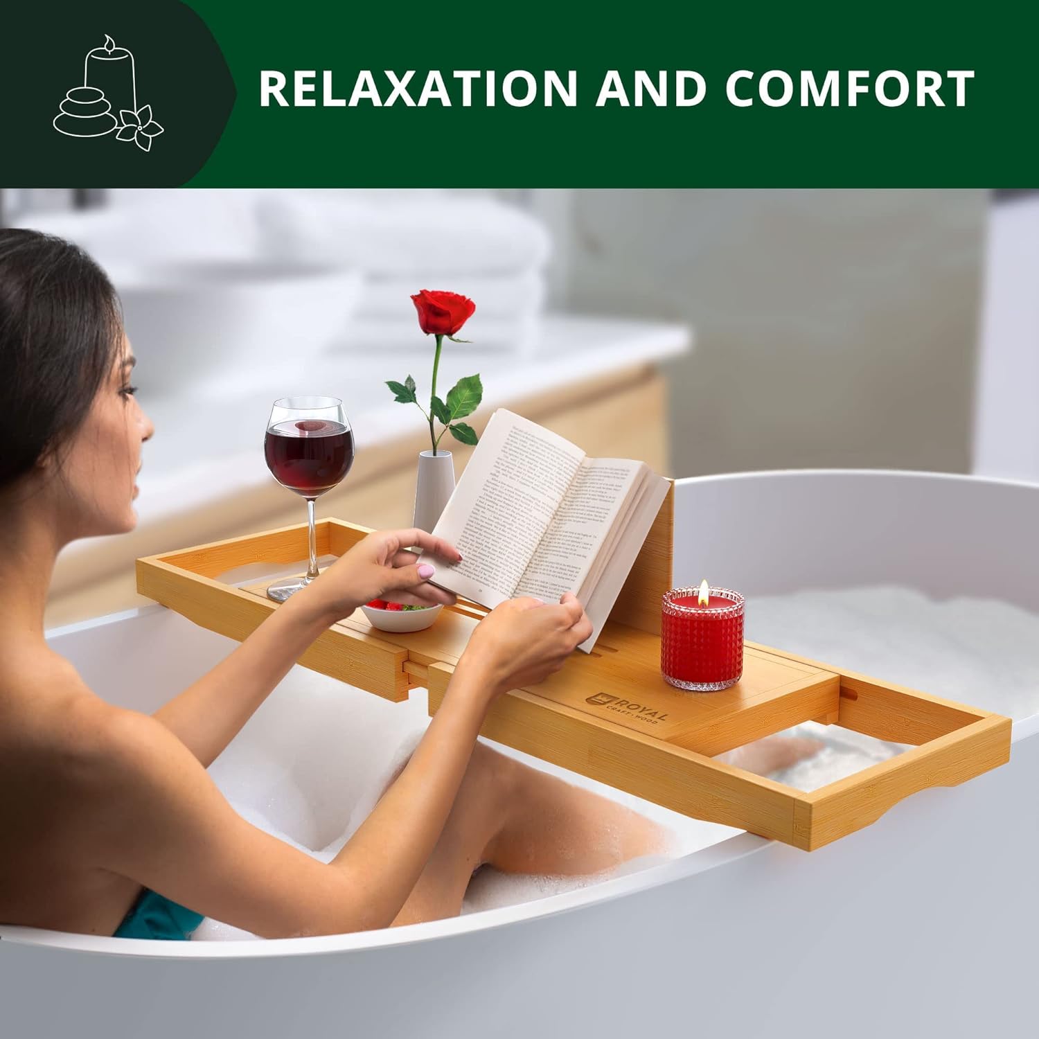 ROYAL CRAFT WOOD Foldable Bathtub Tray Caddy Bamboo Bathtub Tray Expandable, Bath Tub Table Caddy with Extending Sides - Free Soap Dish