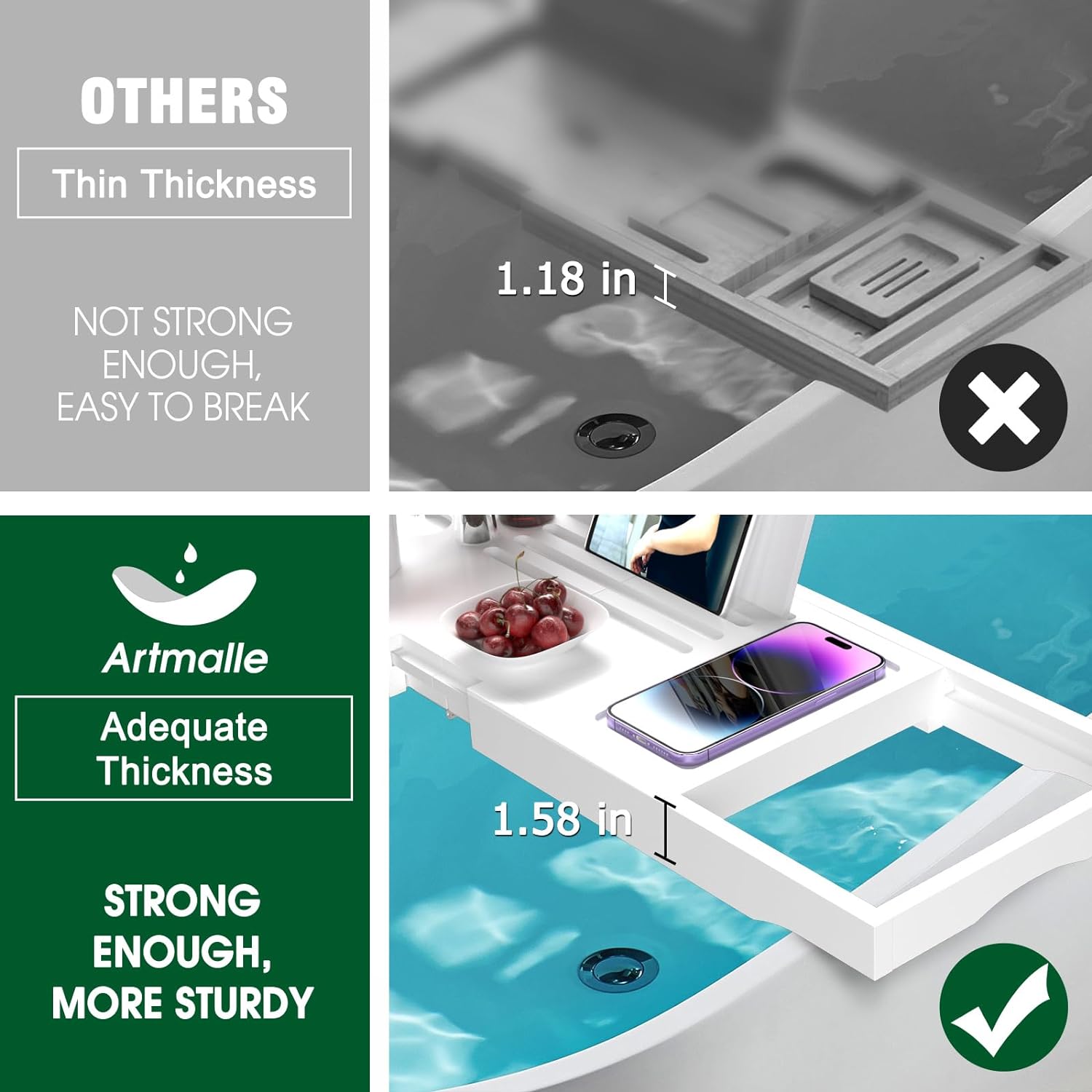 Artmalle Bathtub Caddy Tray for Tub,Foldable Bamboo Bath Table Tray with Book and Wine Glass Holder, Expandable Bathroom Accessories with Free Soap Dish Suitable for Luxury Spa or Reading