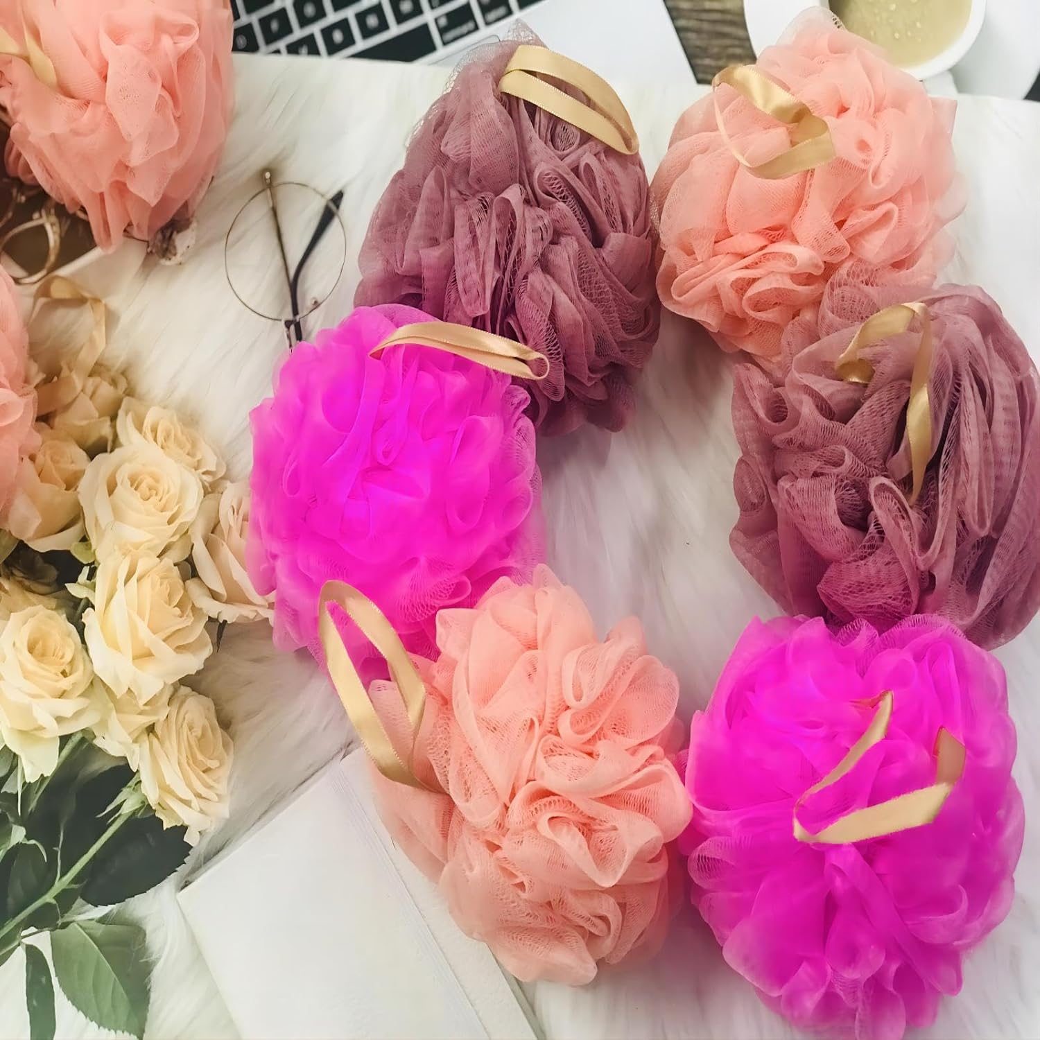 Fishent Bath Loofah Sponge, 3 Pack loofahs Exfoliating Body Scrubber, 60g Soft Mesh Pouf Shower Puffs, Loofa for Women (Pink-Peach-Coral)