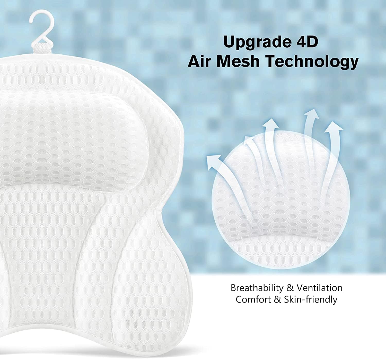 SwiftComfort Luxury Bath Pillow, Ergonomic Bathtub Spa Pillow with 4D Air Mesh Technology and 6 Suction Cups, Helps Support Head, Back, Shoulder Neck, Fits All Bathtub, Hot Tub Home, White