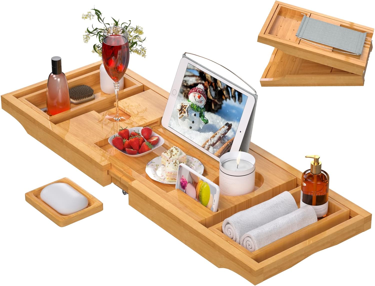 Artmalle Bathtub Caddy Tray for Tub,Foldable Bamboo Bath Table Tray with Book and Wine Glass Holder, Expandable Bathroom Accessories with Free Soap Dish Suitable for Luxury Spa or Reading