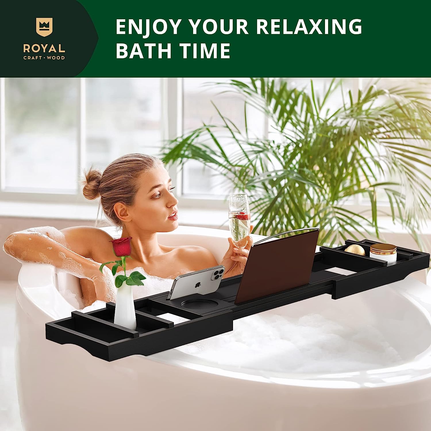 ROYAL CRAFT WOOD Foldable Bathtub Tray Caddy Bamboo Bathtub Tray Expandable, Bath Tub Table Caddy with Extending Sides - Free Soap Dish