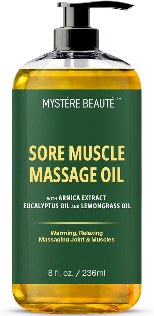MYSTÉRE BEAUTÉ Sore Muscle Massage Oil for Massage Therapy with Arnica - Relaxing, Warming, Eases Muscle Soreness & Stiffness - Moisturizes Skin - Premium-Quality - 8 fl oz