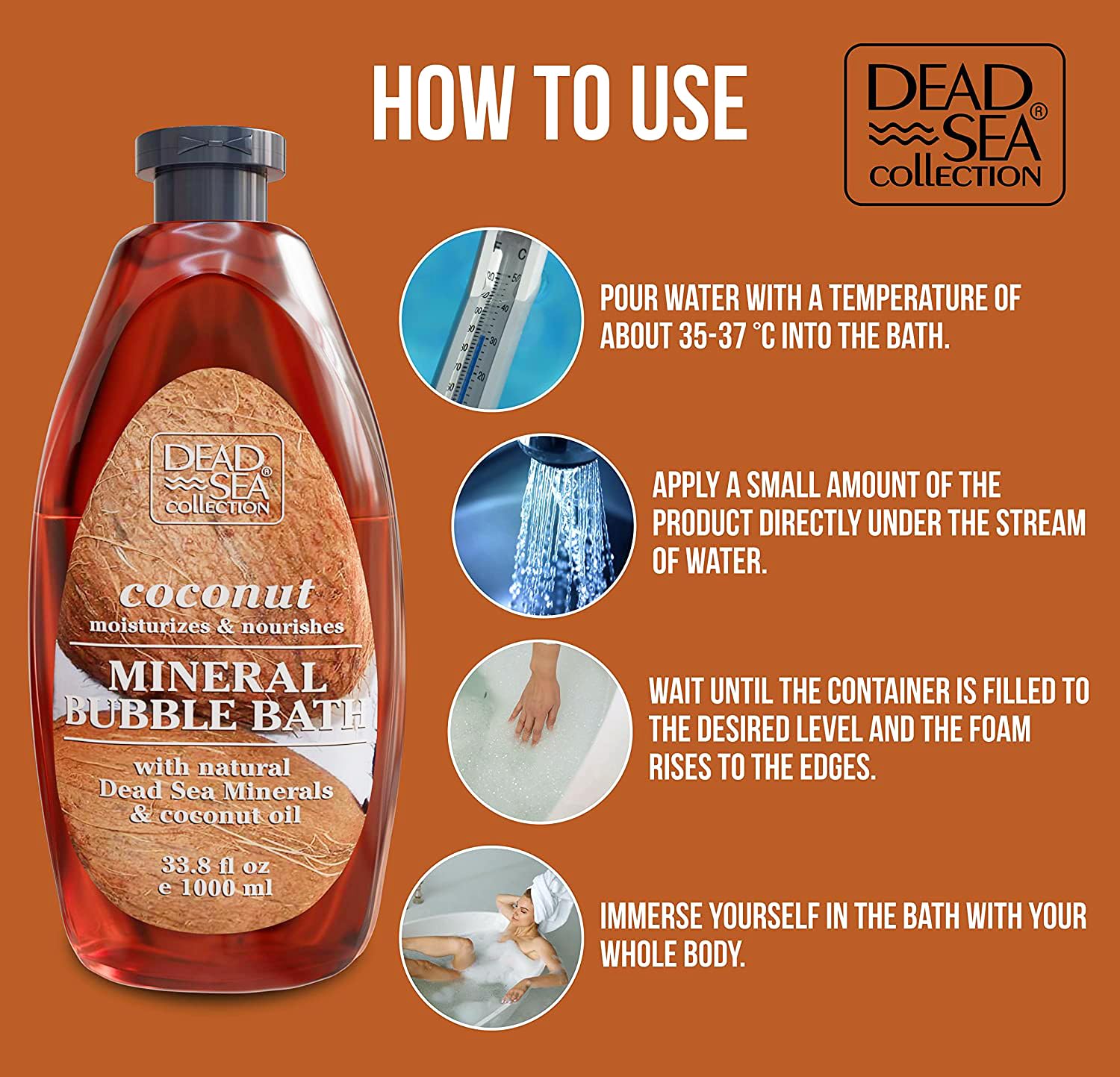 Dead Sea Collection Bubble Bath for Women and Men - with Coconut Oil and Natural Minerals - Nourishing and Moisturizing Skin - Pack of 2 (67.6 fl.oz)