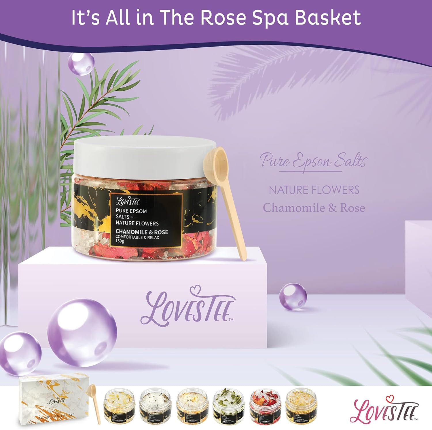 Lovestee Epsom Salt Spa Gift Set of 6 Bath Salts - Coconut Vanilla, Jasmine Osmanthus, Eucalyptus Mint, Lavender Honey, Chamomile Rose, Grapefruit Lemon for Soaking Bath Gift Set for Women