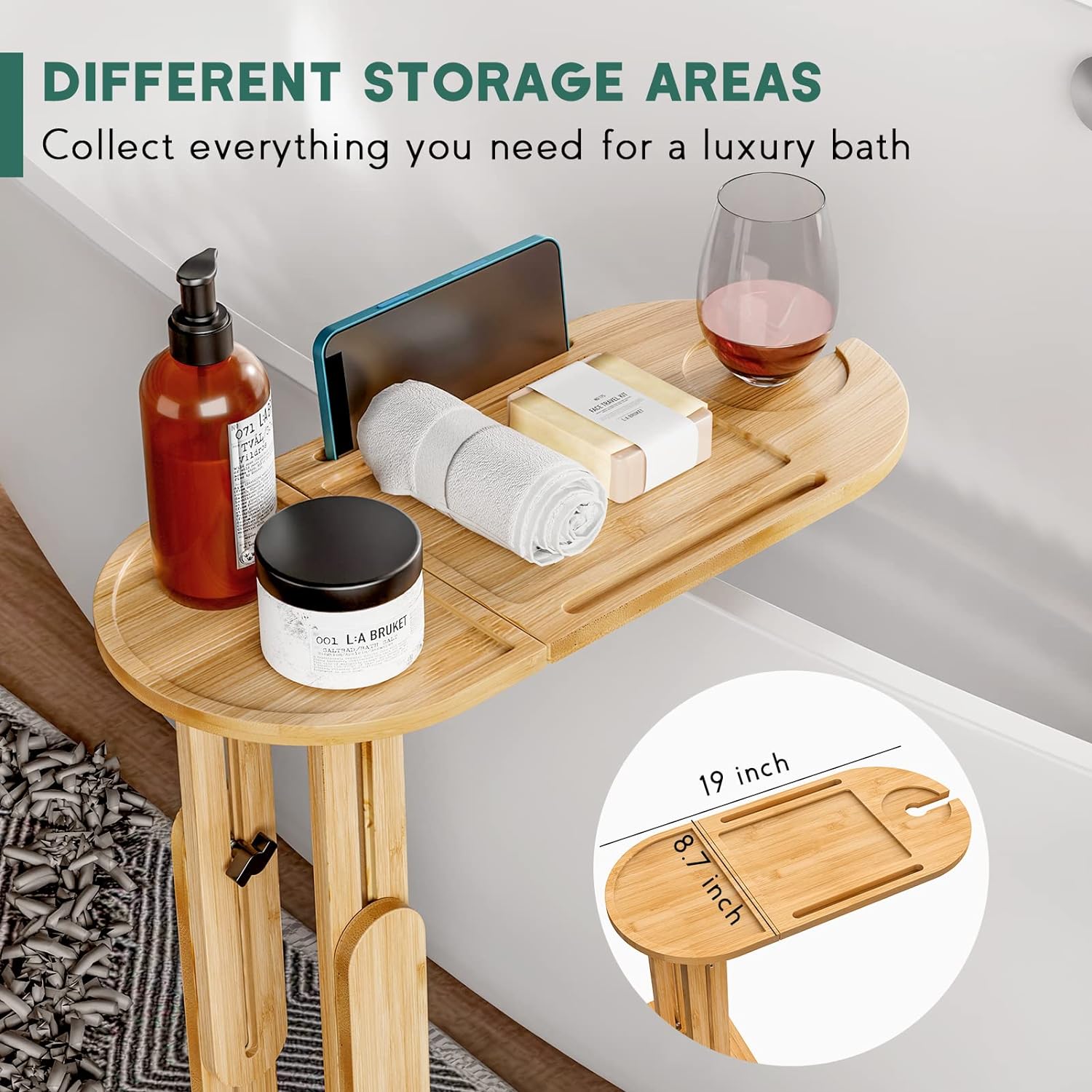 Yumkfoi Foldable Bathtub Side Tray with Adjustable Height, Bamboo Bath Table for Tubs Against Wall, Liftable Tub Caddy Shelf for Luxury Bath Spa and Gift Idea - Patent Protected (Non Freestanding)