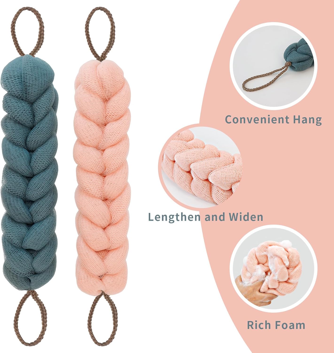 BCKENEY Bath Loofah Shower Sponge Soft Mesh Loofah Body Scrubber with Long Loofah Bath Sponge for Men Women Body Wash Exfoliator Shower Puffs