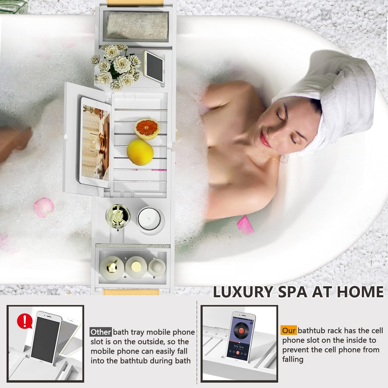 Bathtub Tray Luxury Bathtub Caddy, Expandable Bath Tray with Leather Grip, Adjustable 1 or 2 Person Bath Table Bed Tray with Slots for book Phone holder, Bamboo Bathroom Organizer & Accessories, White