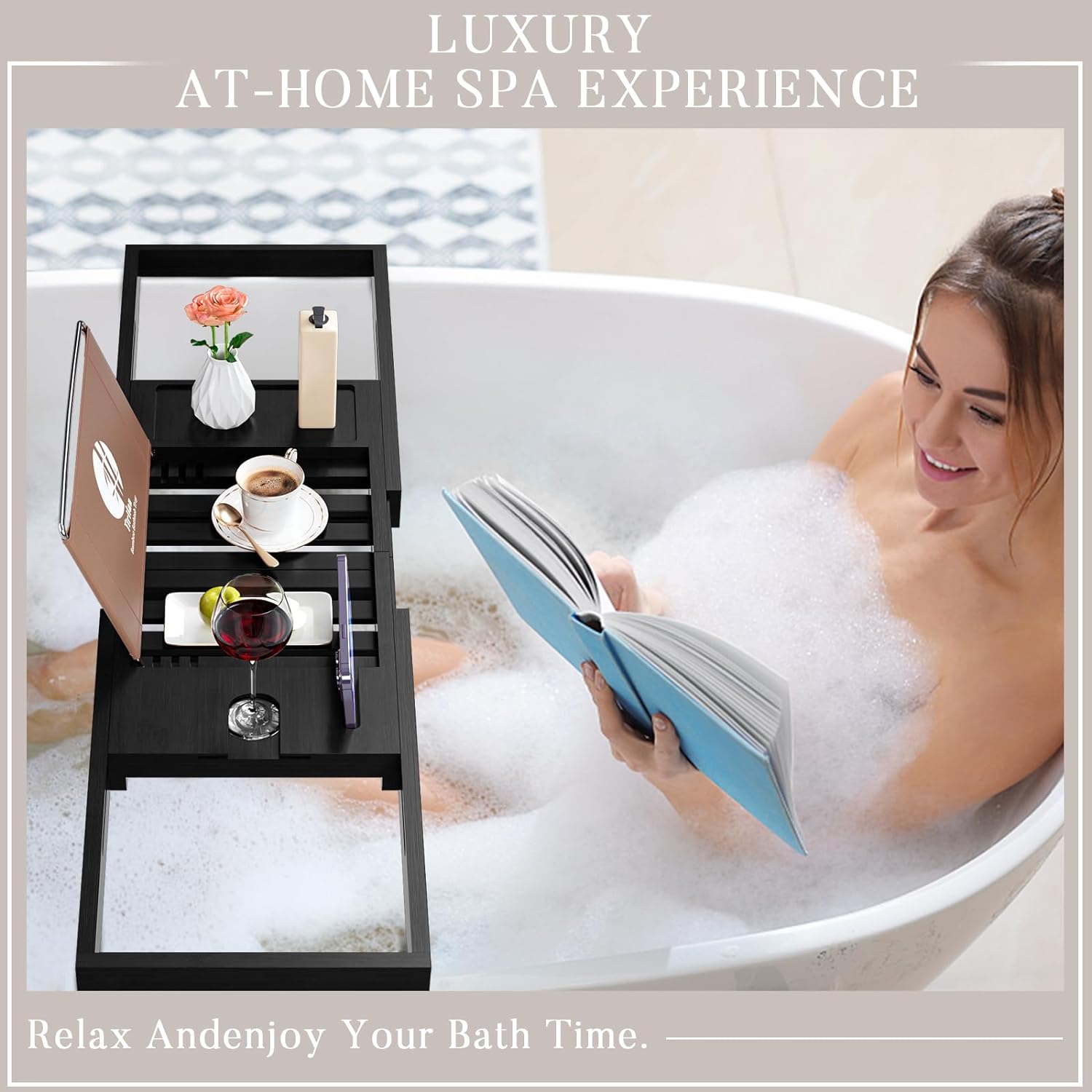 Yirilan Premium Bathtub Tray Caddy - Expandable Bath Tray - Unique House Warming Gifts, New Home, Anniversary & Wedding Gifts for Couple, Bridal Shower Gift for Women