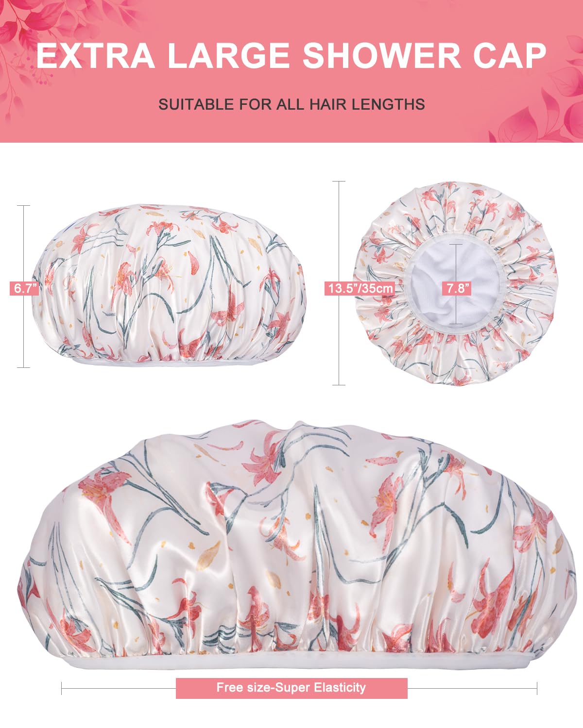 Aquior Shower Cap,Terry Cloth Lined Shower Cap for Women Reusable, Triple Layer Waterproof Bath Cap, Extra Large for Women Long Hair