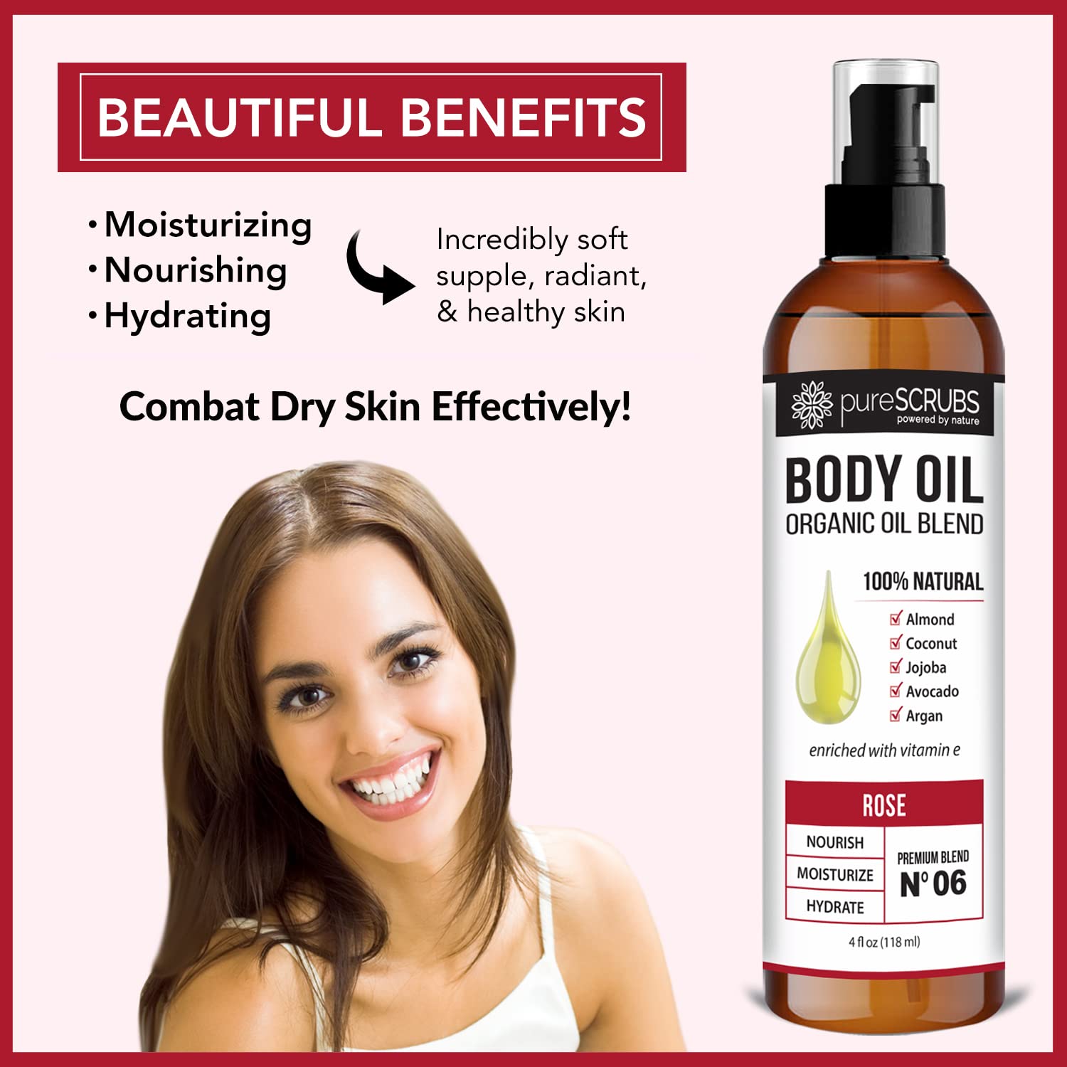 pureSCRUBS Ultra Moisturizing SANDALWOOD BODY OIL Spray For Dry Skin, Massage, Cuticles & More, Organic Blend of Jojoba, Argan, Coconut, Sweet Almond & Avocado Oils Enriched with Vitamin E - Lg 4oz