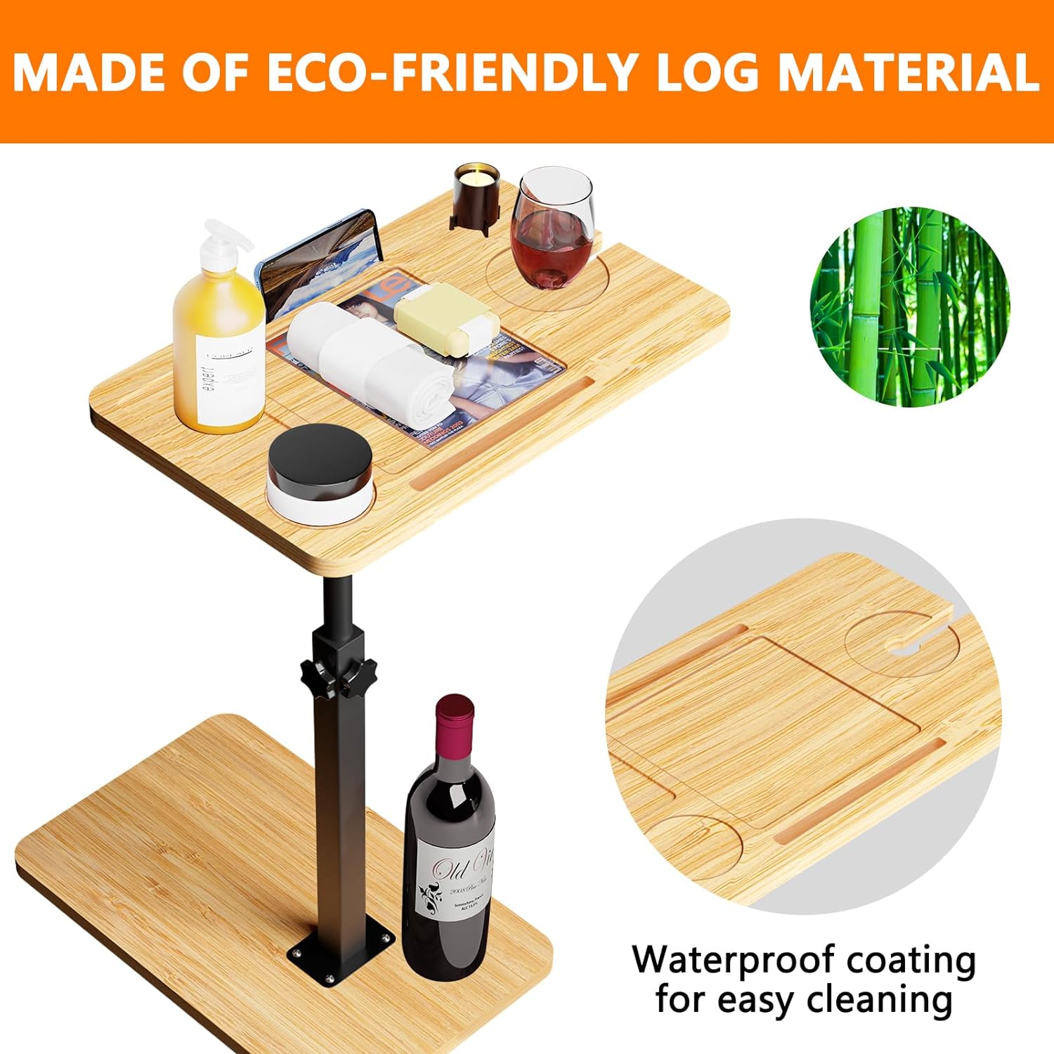 Bathtub Caddy Tray Table with Adjustable Height, Freestanding Bath Caddy Tray with Reading Rack, Tablet Holder, Cellphone Tray and Wine Glass Holder, Organizer Tray-A