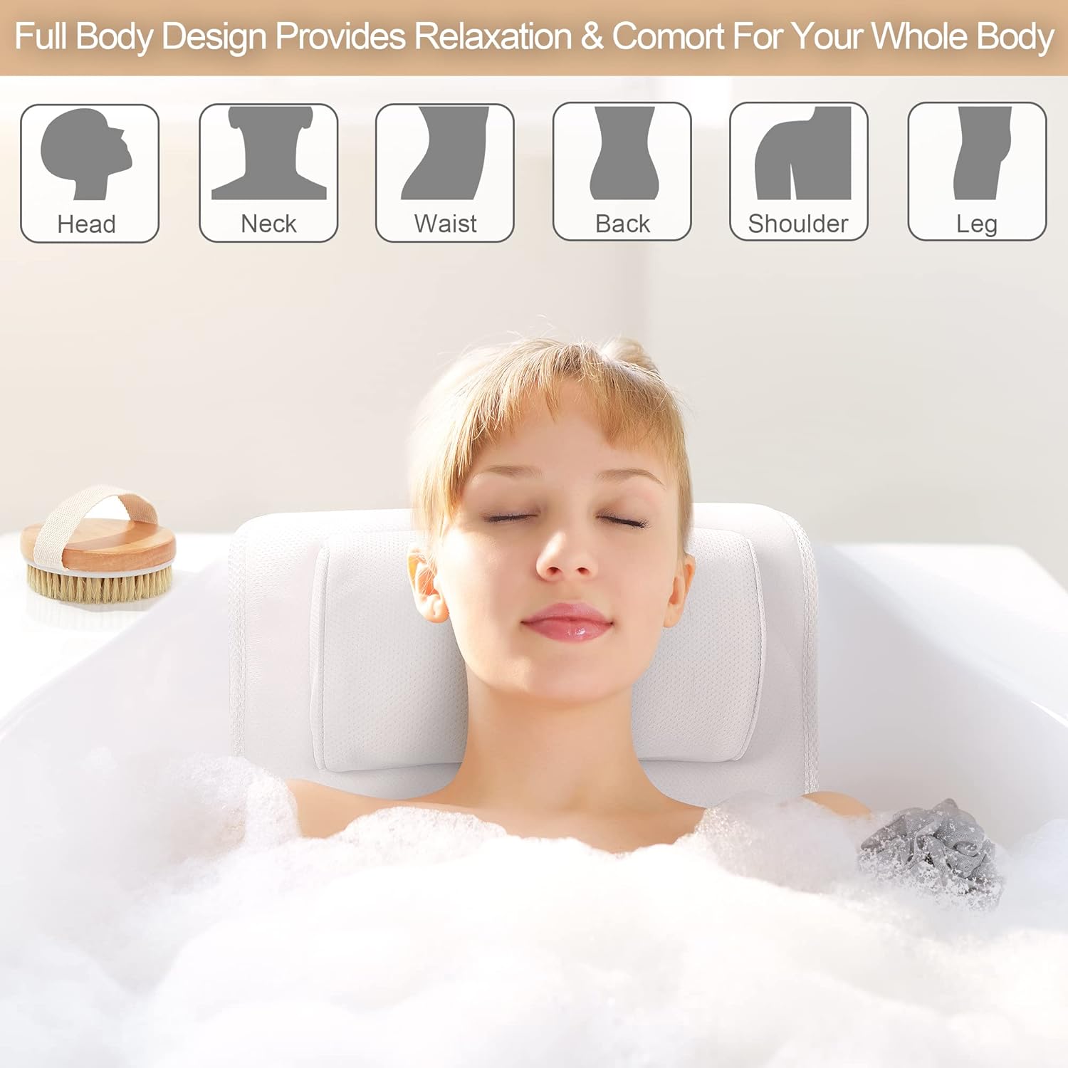 Full Body Bath Pillow, SPA Bathtub Pillow mat with Luxury Lumbar Pillow, Bathtub Pillow for Head Neck Shoulder and Back Support, Set with Shower Sponge, Cellulite Remover and Dry Skin, Gentle Massage
