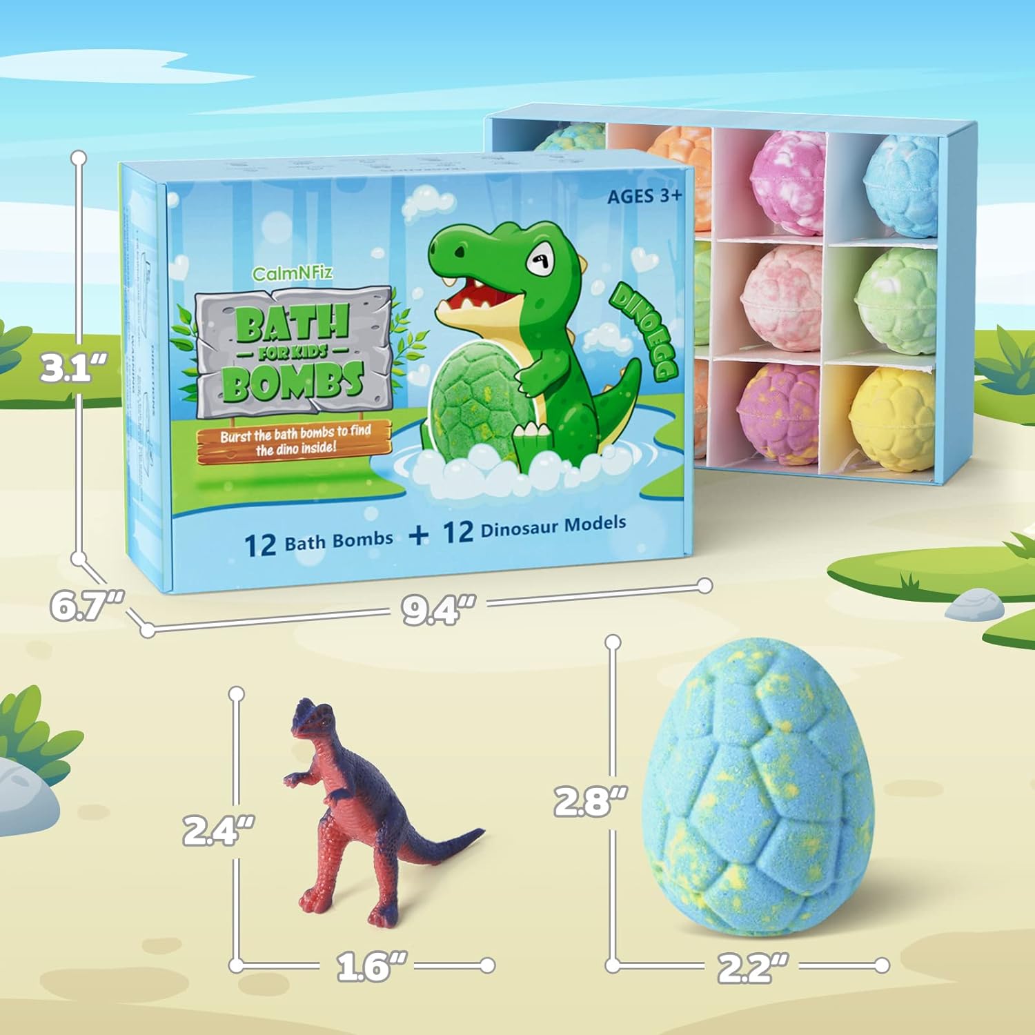 CalmNFiz Bath Bombs with Surprise Dinosaur Toys Inside，12 Pack Organic and Natural Bubble Bath Bombs，Bath Bomb Set Gift for Birthday/Christmas Gift for Her/Him