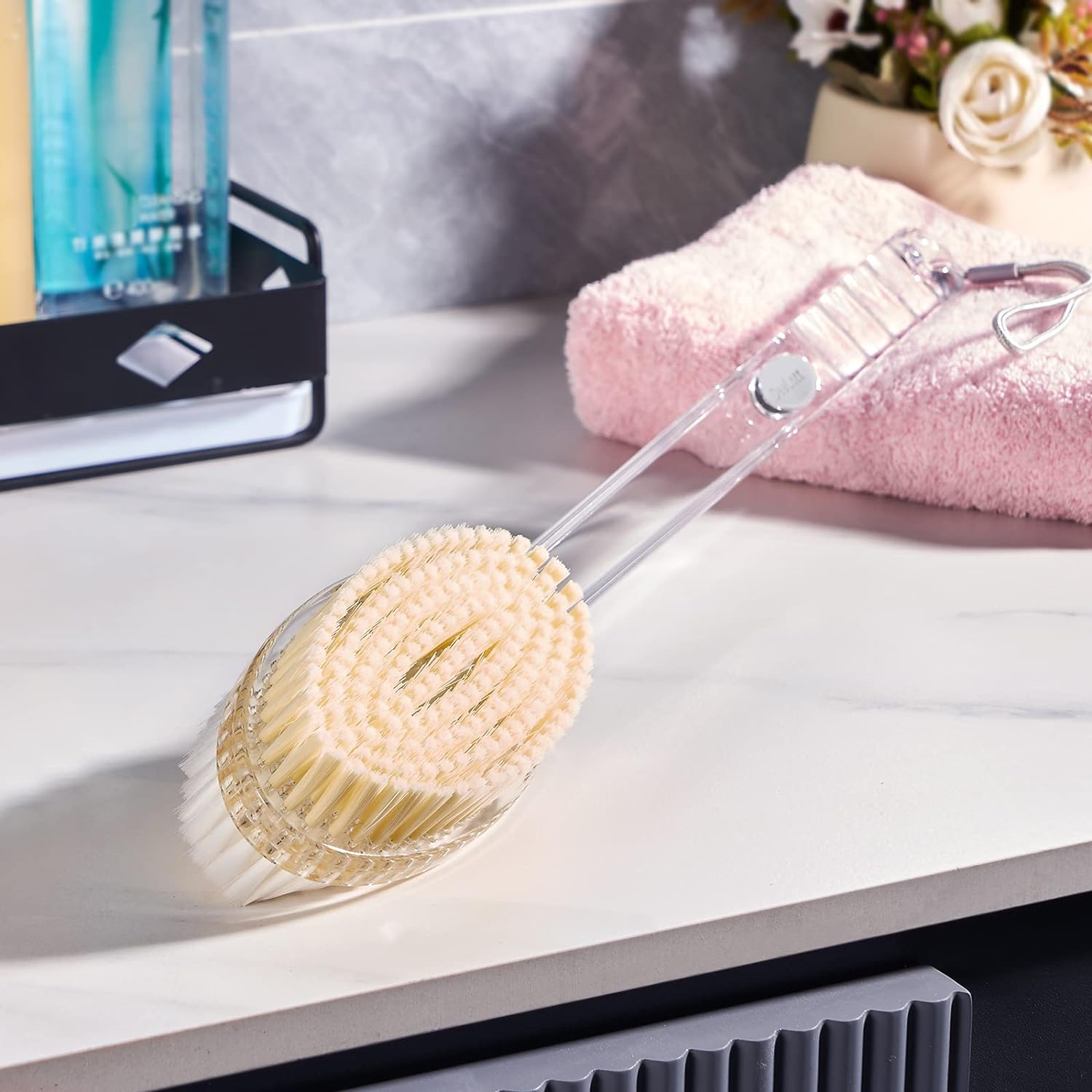 DeaLott Dual-Sided Back Scrubber for Shower, Long Handle Back Brush with Stiff and Soft Bristles, Wet and Dry Body Brush Exfoliator, Shower Brush for Body Men Women