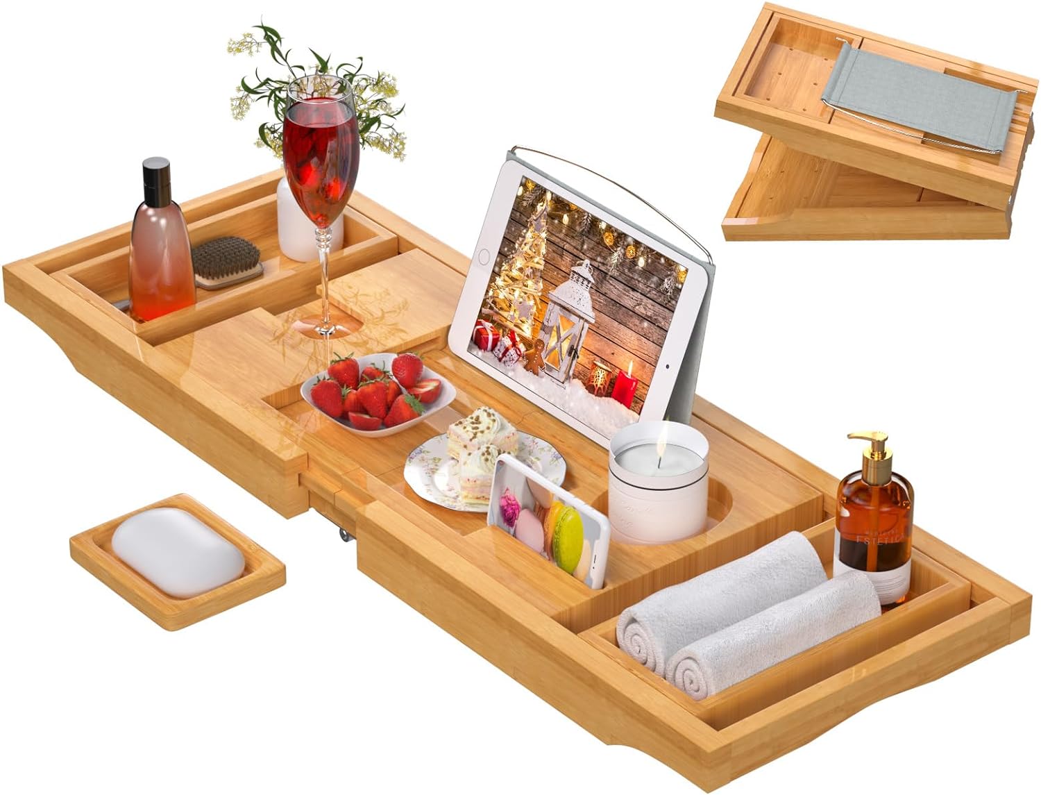 Artmalle Bathtub Caddy Tray for Tub,Foldable Bamboo Bath Table Tray with Book and Wine Glass Holder, Expandable Bathroom Accessories with Free Soap Dish Suitable for Luxury Spa or Reading