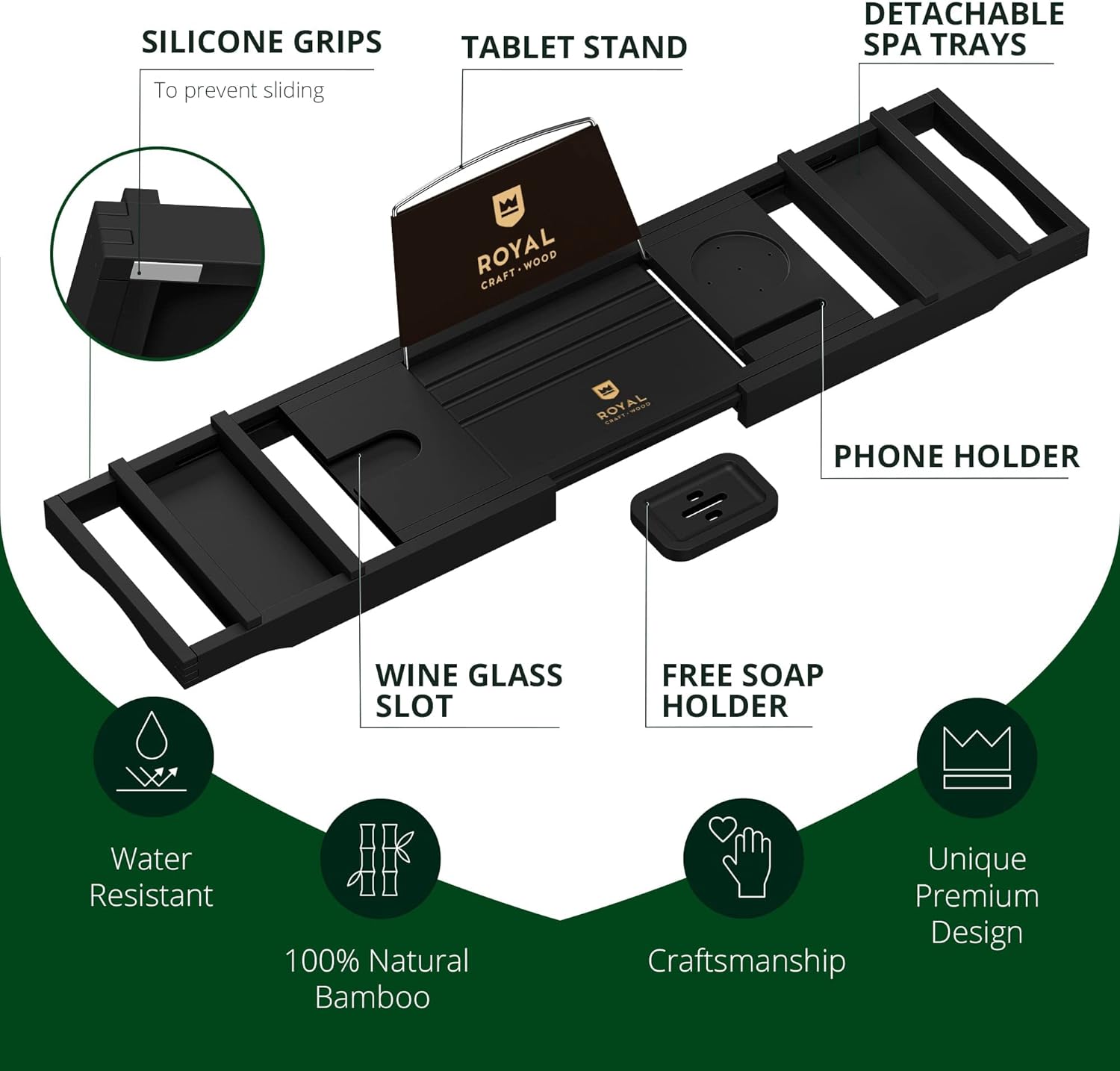 ROYAL CRAFT WOOD Foldable Bathtub Tray Caddy Bamboo Bathtub Tray Expandable, Bath Tub Table Caddy with Extending Sides - Free Soap Dish