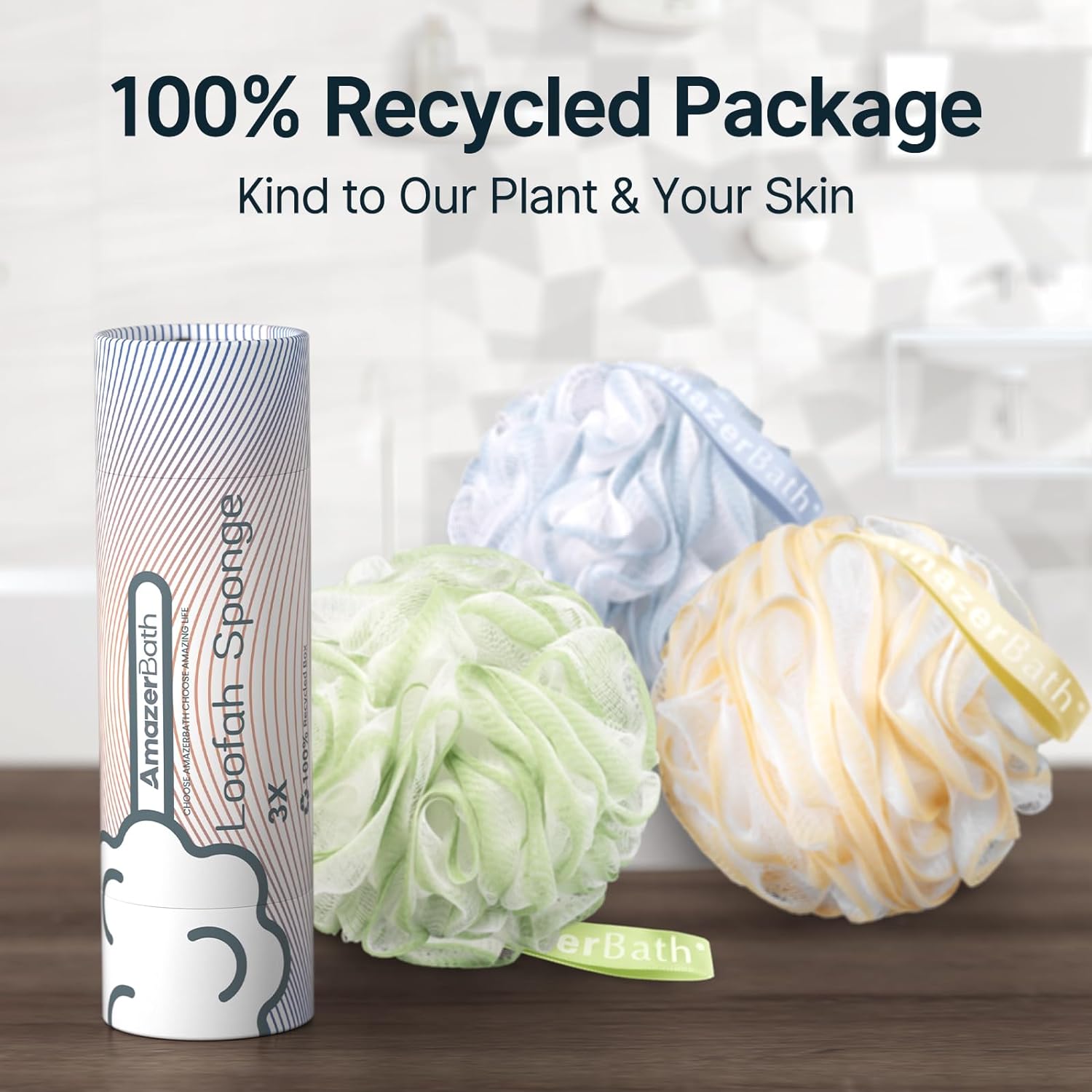 AmazerBath Loofah Sponge, Shower Loofah for Men and Women - Body Scrubber Loofa Set of 3 Classic Black & White Edge, Bath Sponge 60g/PCS